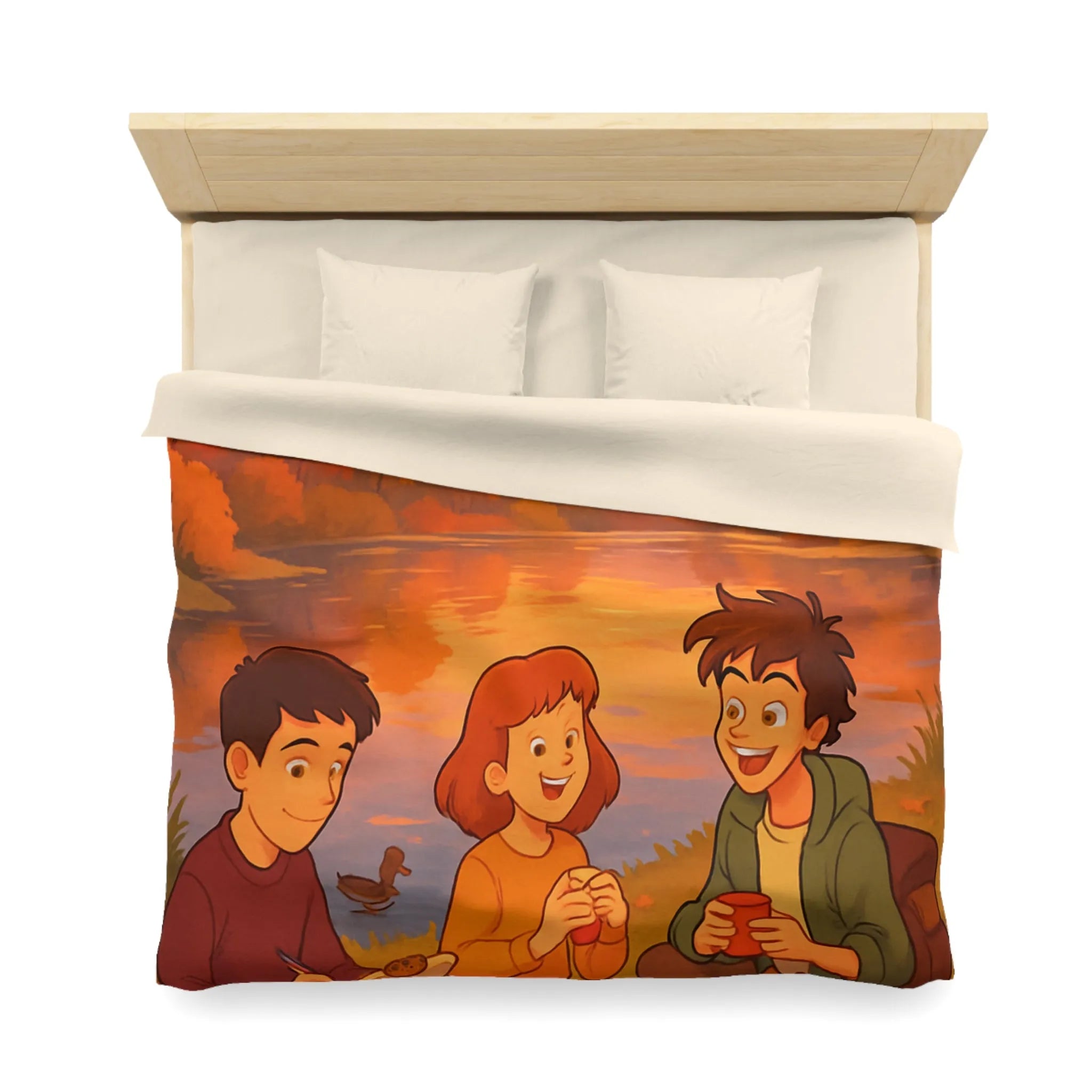 Housse de couette illustrée avec scène automnale de pique-nique au bord d'un lac