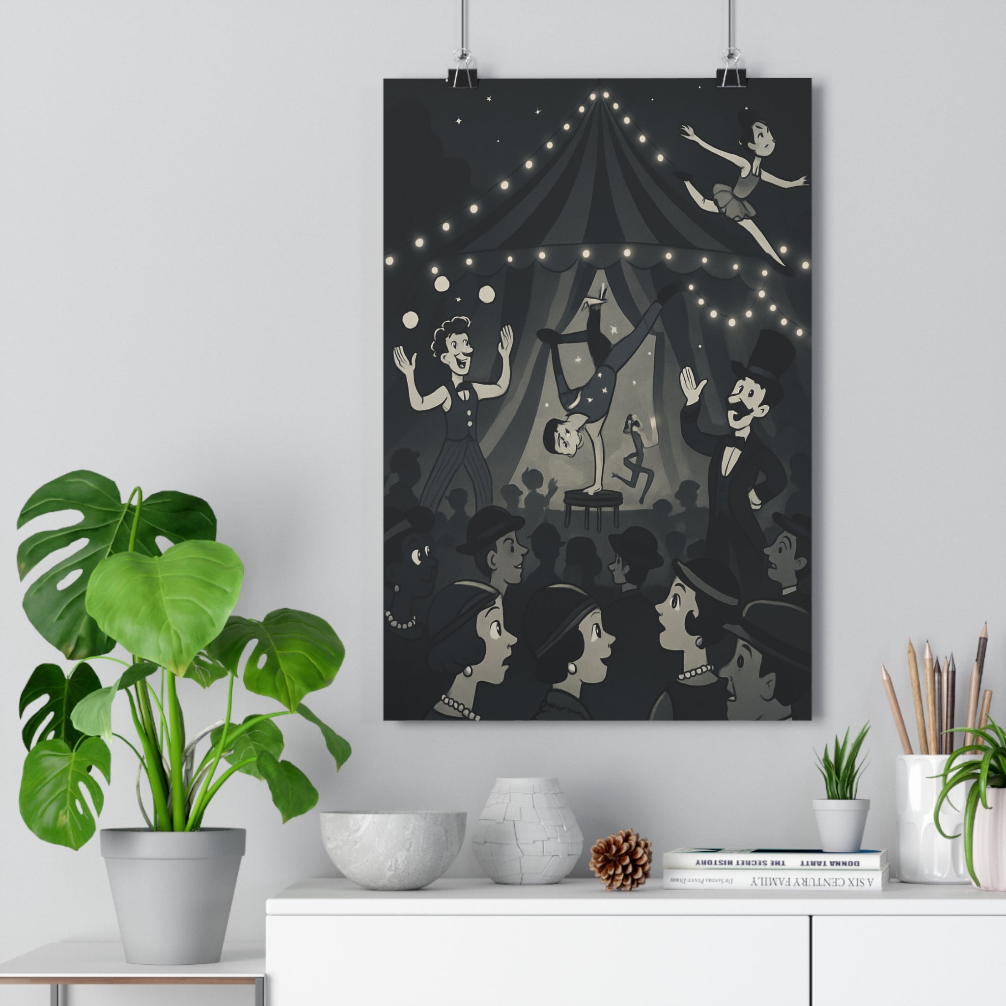Poster décoratif vintage noir blanc cirque surréaliste nostalgique salon chambre bureau artistique ambiance captivante