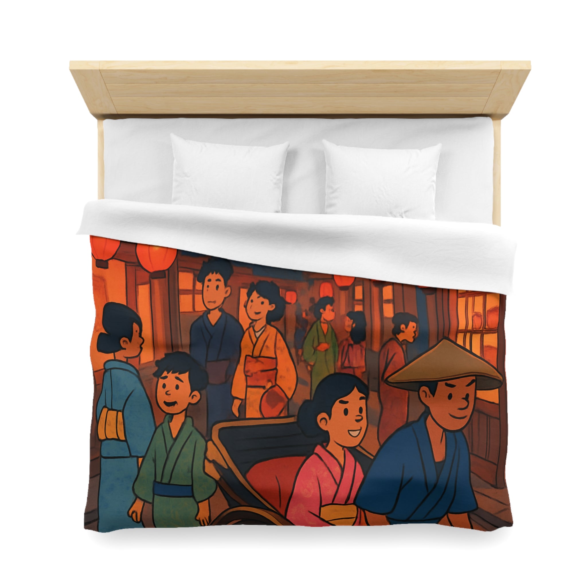 Housse de couette nocturne rouge et jaune avec lanterne et scène japonaise animée