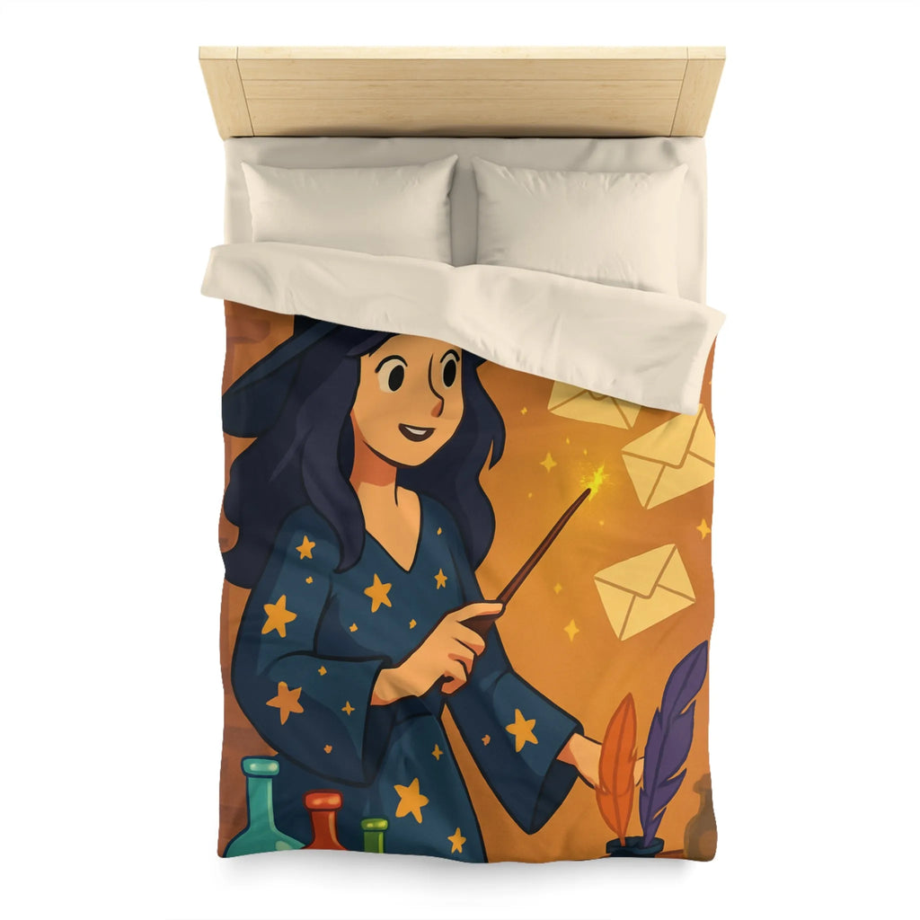 Housse de couette magique avec apprentie sorcière, quill et enveloppes flottantes animées