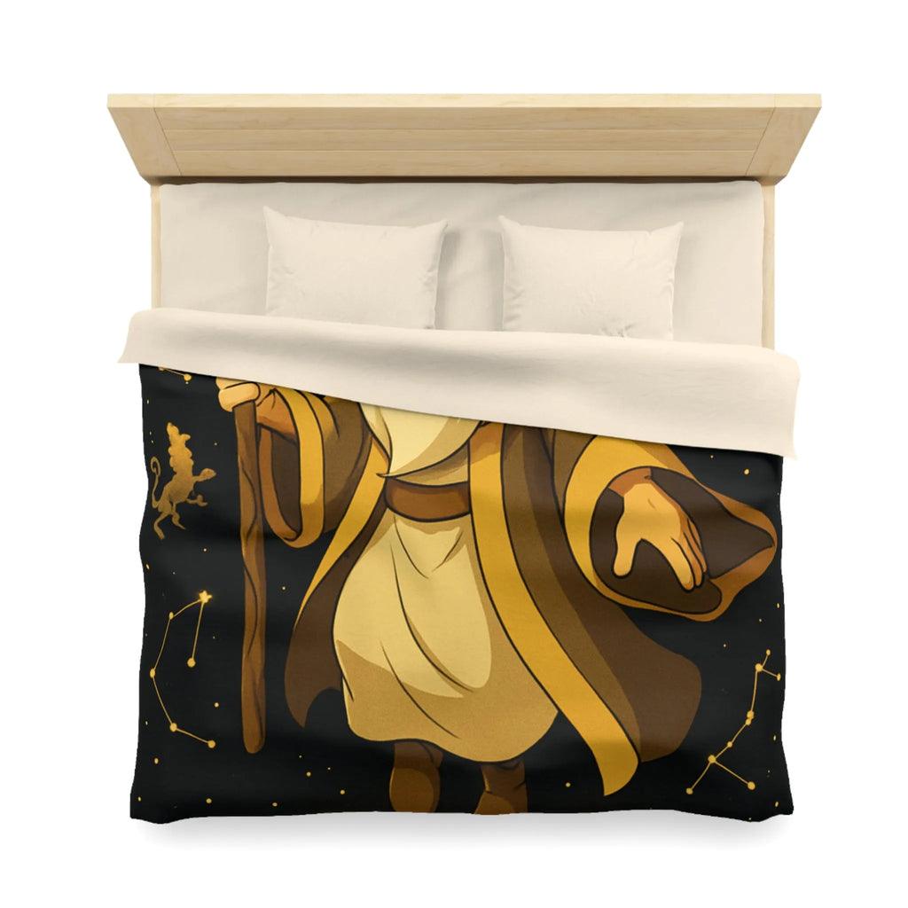 Housse de couette avec magicien illuminé et constellations dorées pour chambres enchantées