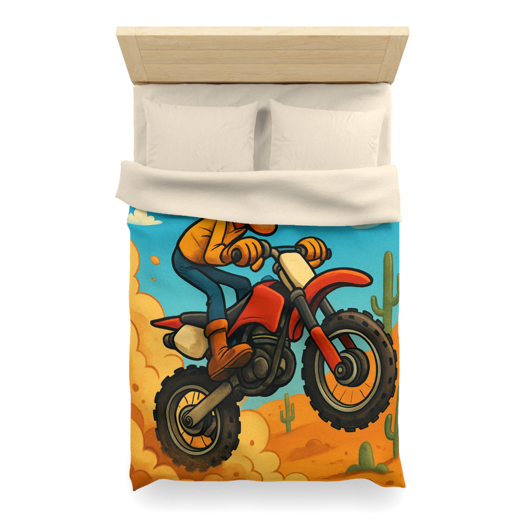 Motard animé sur motocross sautant à travers désert coloré avec cactus et nuages