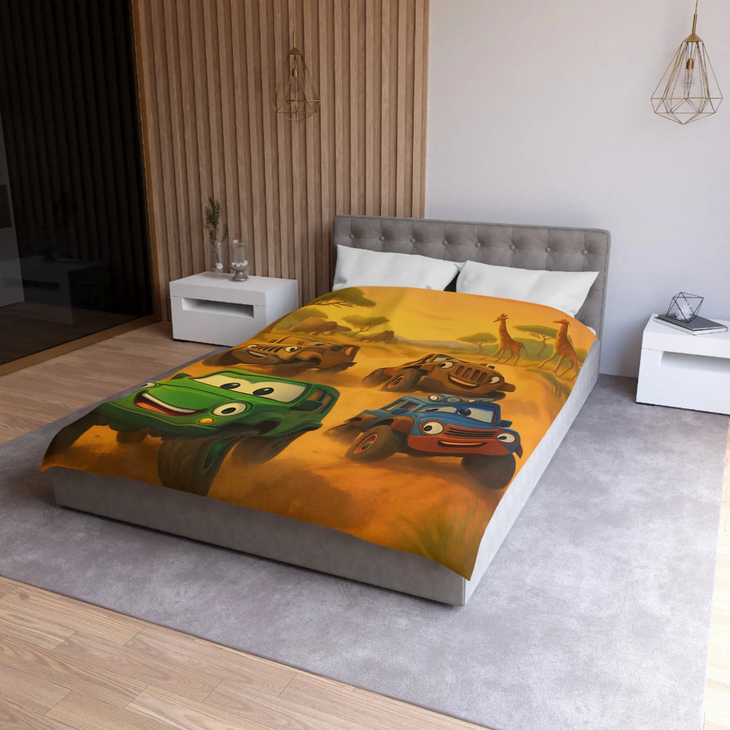 Housse de couette colorée safari savane avec voitures animales pour enfants joyeux