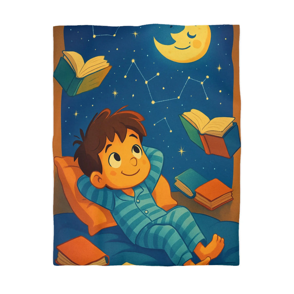 Housse de couette enfant étoilée avec lune et livres flottants pour doux rêves