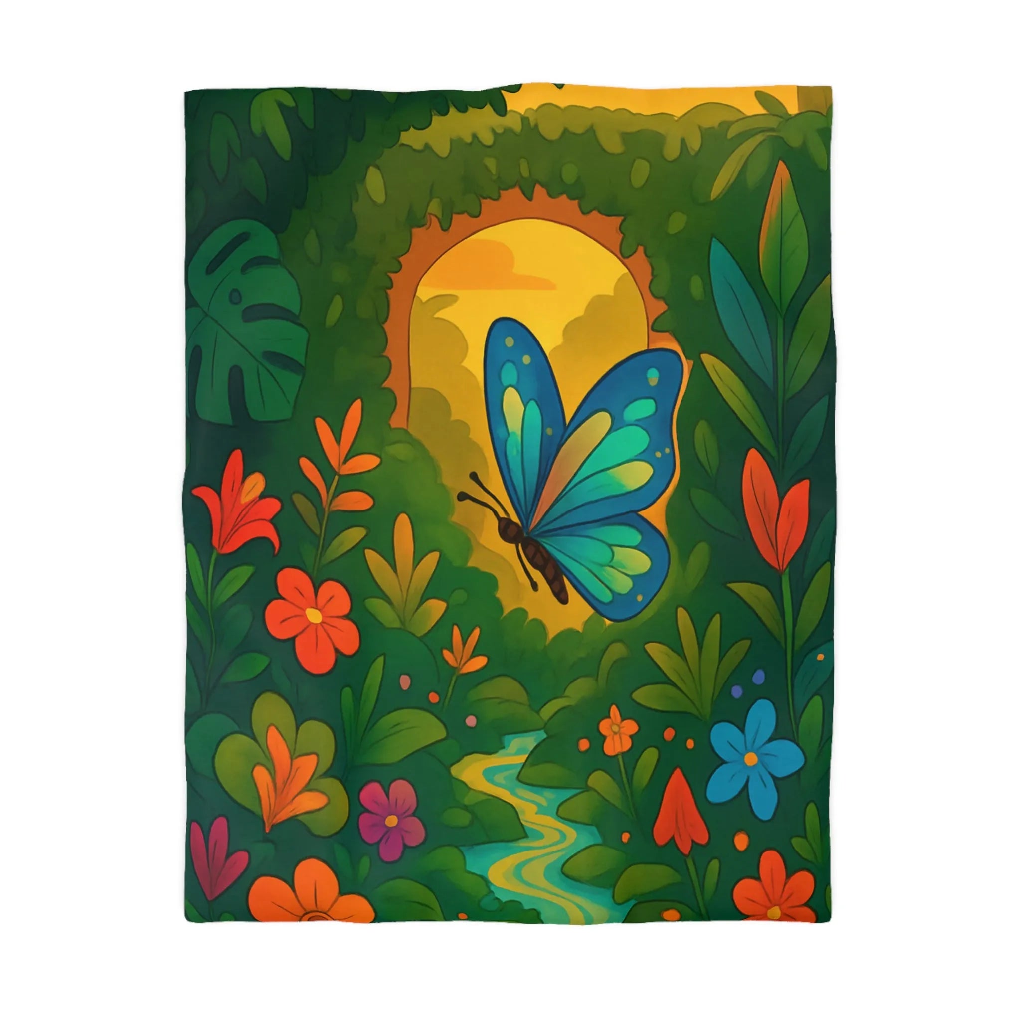 Housse de Couette avec Papillon et Jungle Colorée pour Chambre Enfant Éclatante Nature