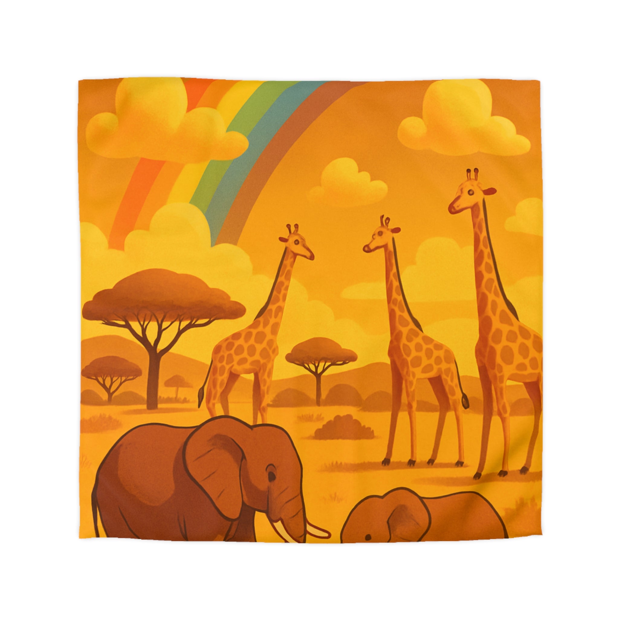 Housse de couette safari enfant avec éléphants, girafes et arc-en-ciel vibrant