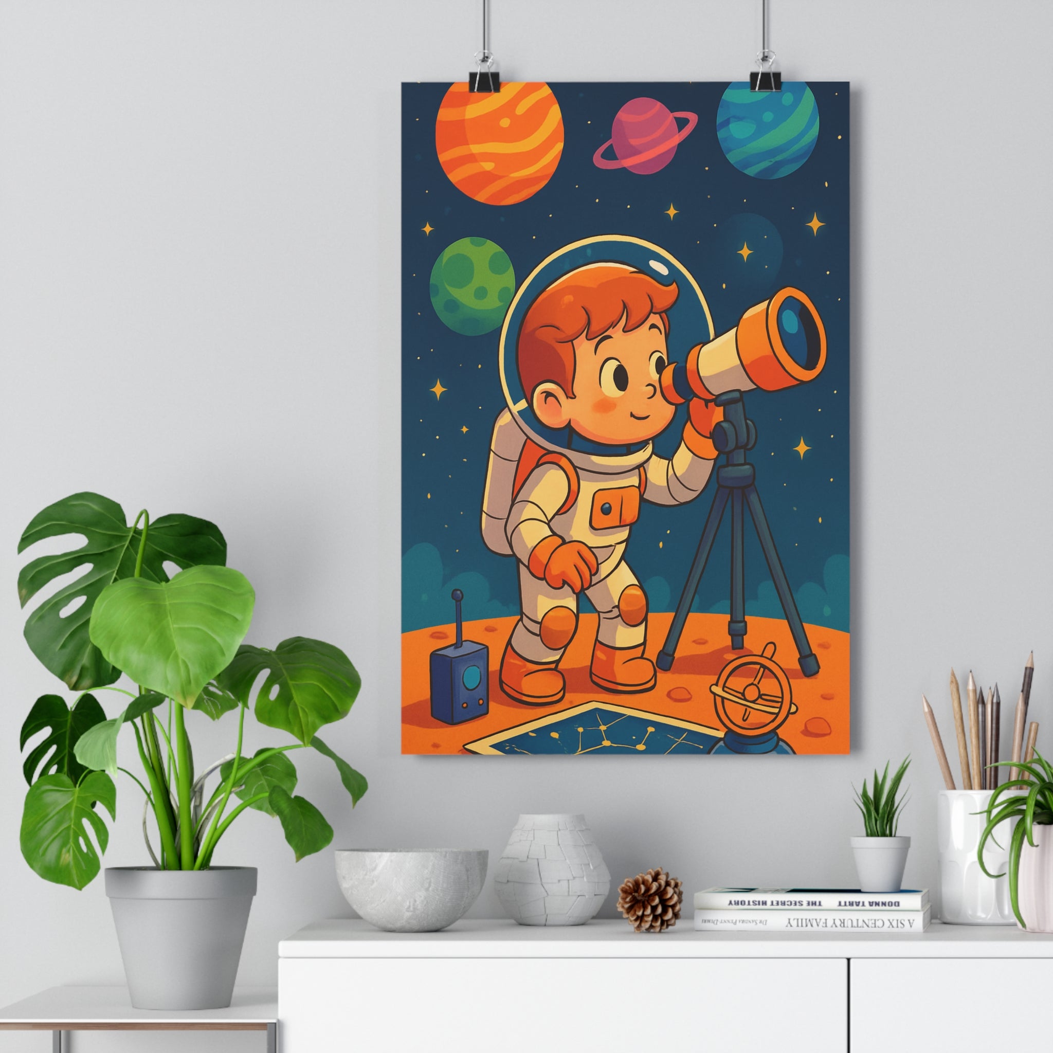Poster décoratif astronaute enfant étoiles bleu orange vert rêve aventure sciencefiction chambre ludique qualité