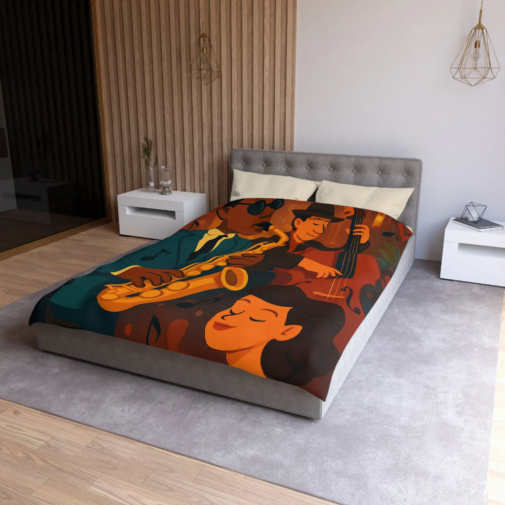 Housse de couette jazz rétro avec musiciens passionnés jouant du saxophone et contrebasse