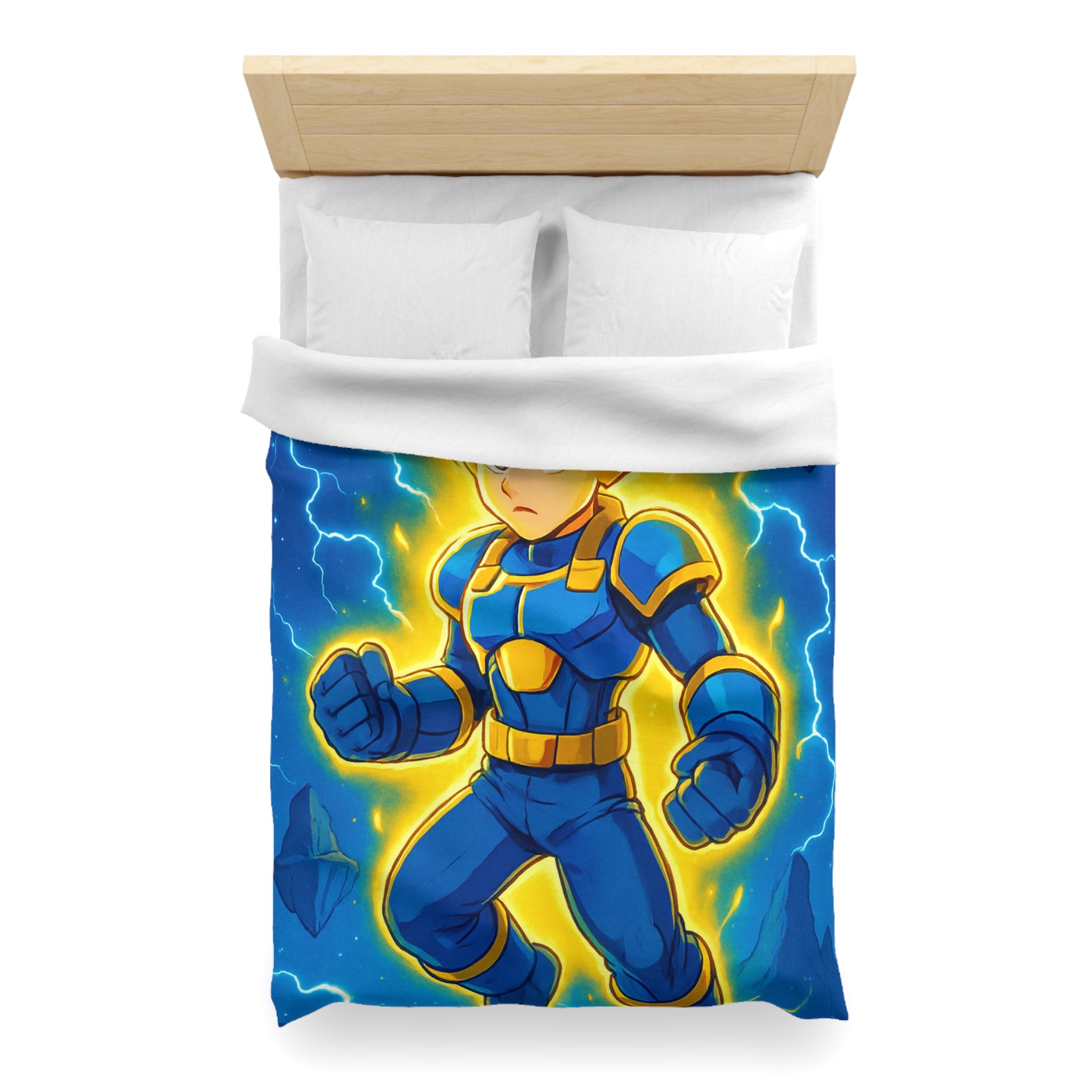 Housse de couette vibrante avec héros en armure bleue et rayons lumineux intenses