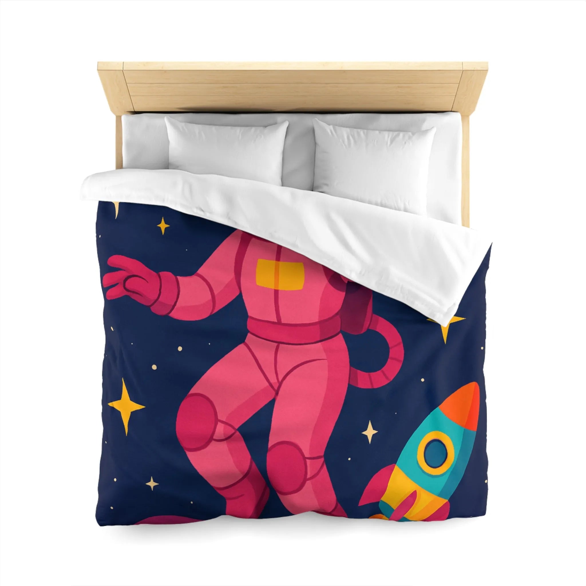 Housse de couette enfant avec astronaute rose et planètes colorées en fond spatial