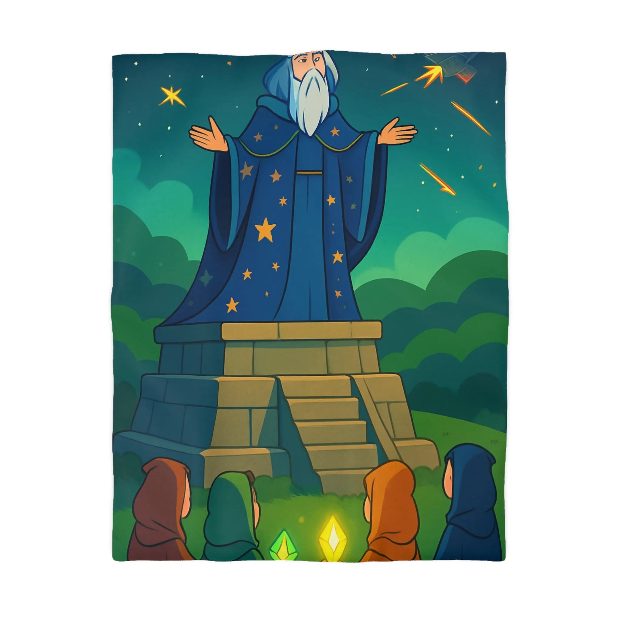 Housse de couette fantaisie avec sorcier et cristaux lumineux dans un paysage étoilé