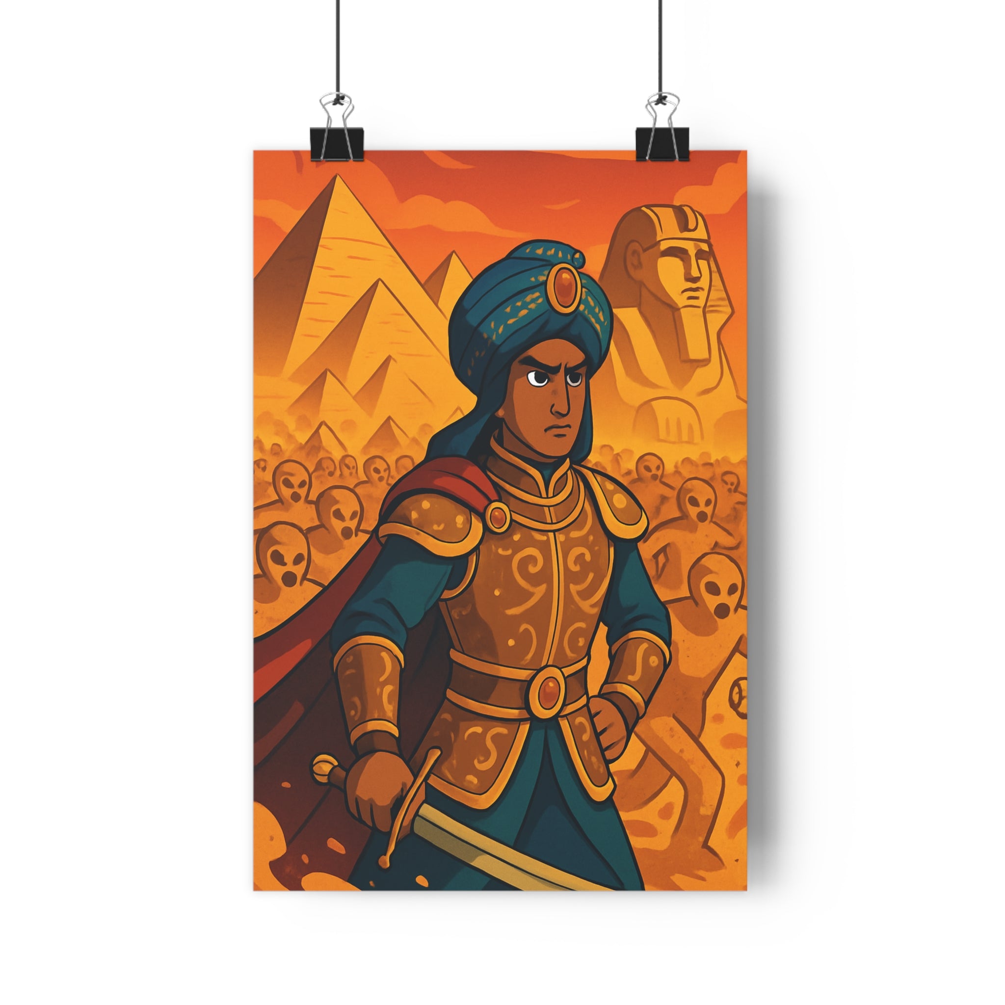 Poster décoratif épique aventure guerrier armure turban bleu pyramides cartoon historique chambre salon qualité