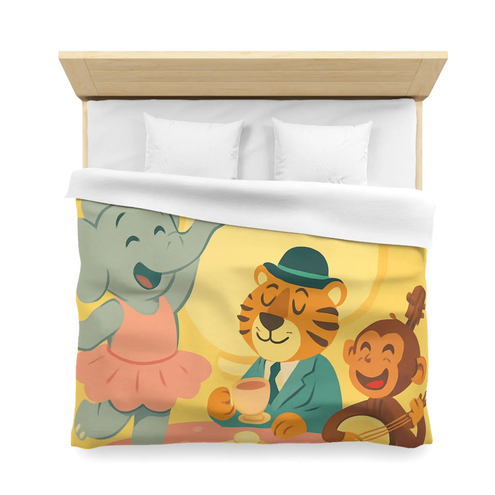 Housse de couette enfantine colorée avec éléphant, tigre et singe en fête joyeuse
