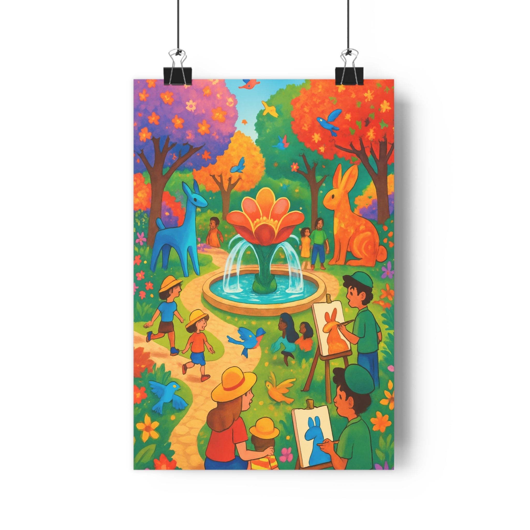 Poster décoratif jardin imaginaire coloré cartoon joyeux enfants adultes animaux géants magique floral bucolique