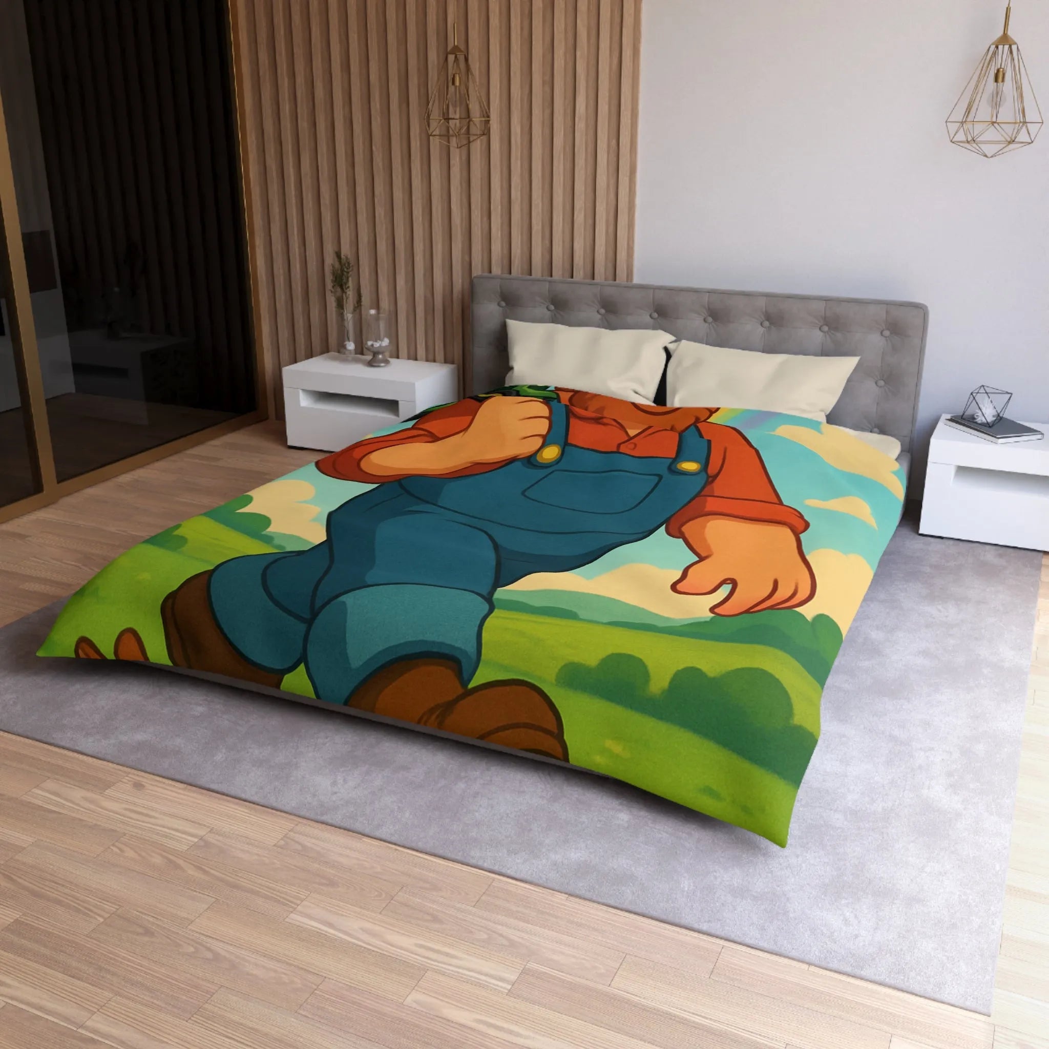 Housse de couette fermier joyeux avec animaux, arc-en-ciel et tracteur, paysage coloré