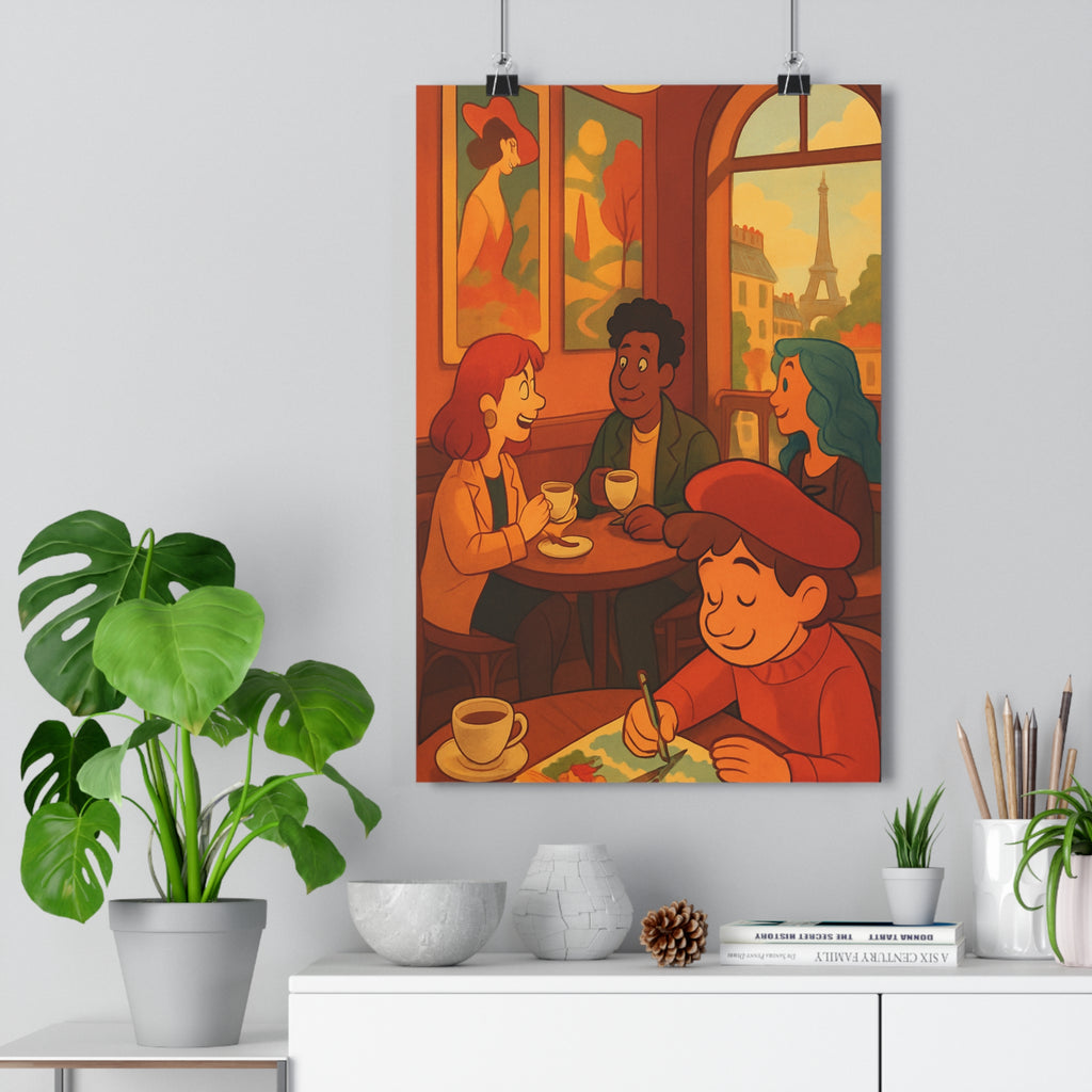 Poster décoratif cartoon rouge orange bleu parisien cosy salon chambre artistique qualité premium chaleureux
