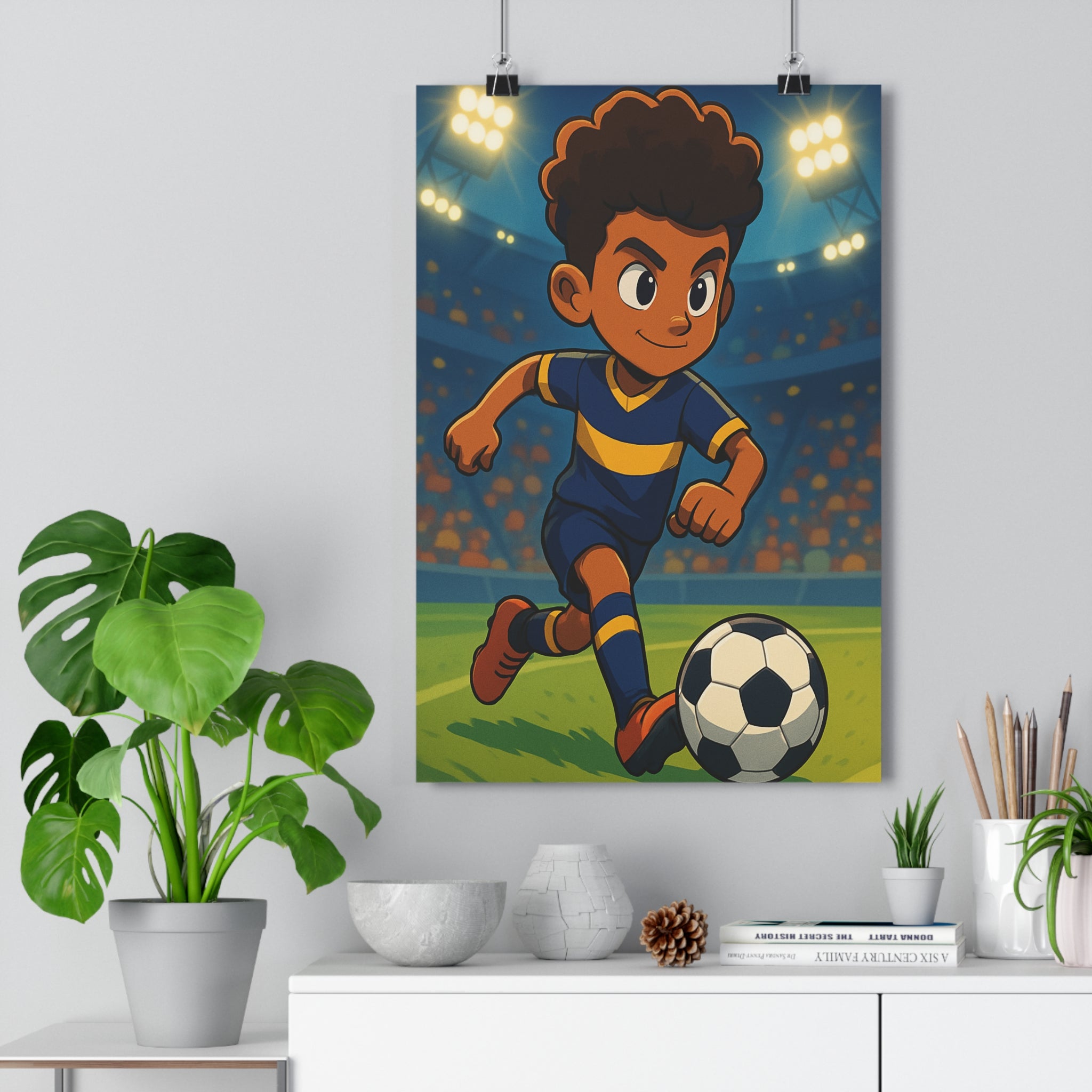 Poster décoratif moderne cartoon bleu jaune enfant footballeur dynamique énergie chambre vibrant action illuminé