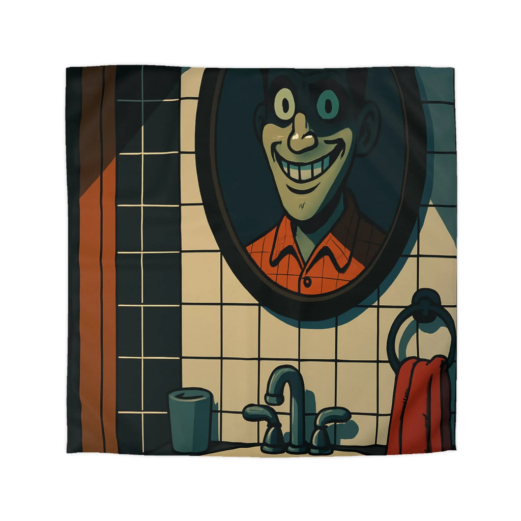 Housse de couette graphique avec dessin animé miroir effrayant et carreaux de salle de bain