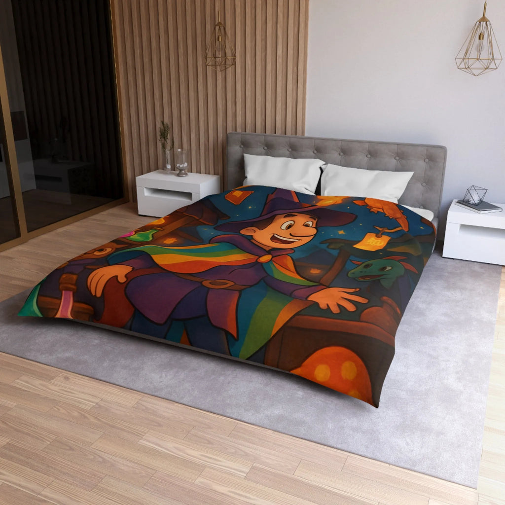 Housse de couette magique avec envoûtant motif de sorcier, dragon et livres enchantés