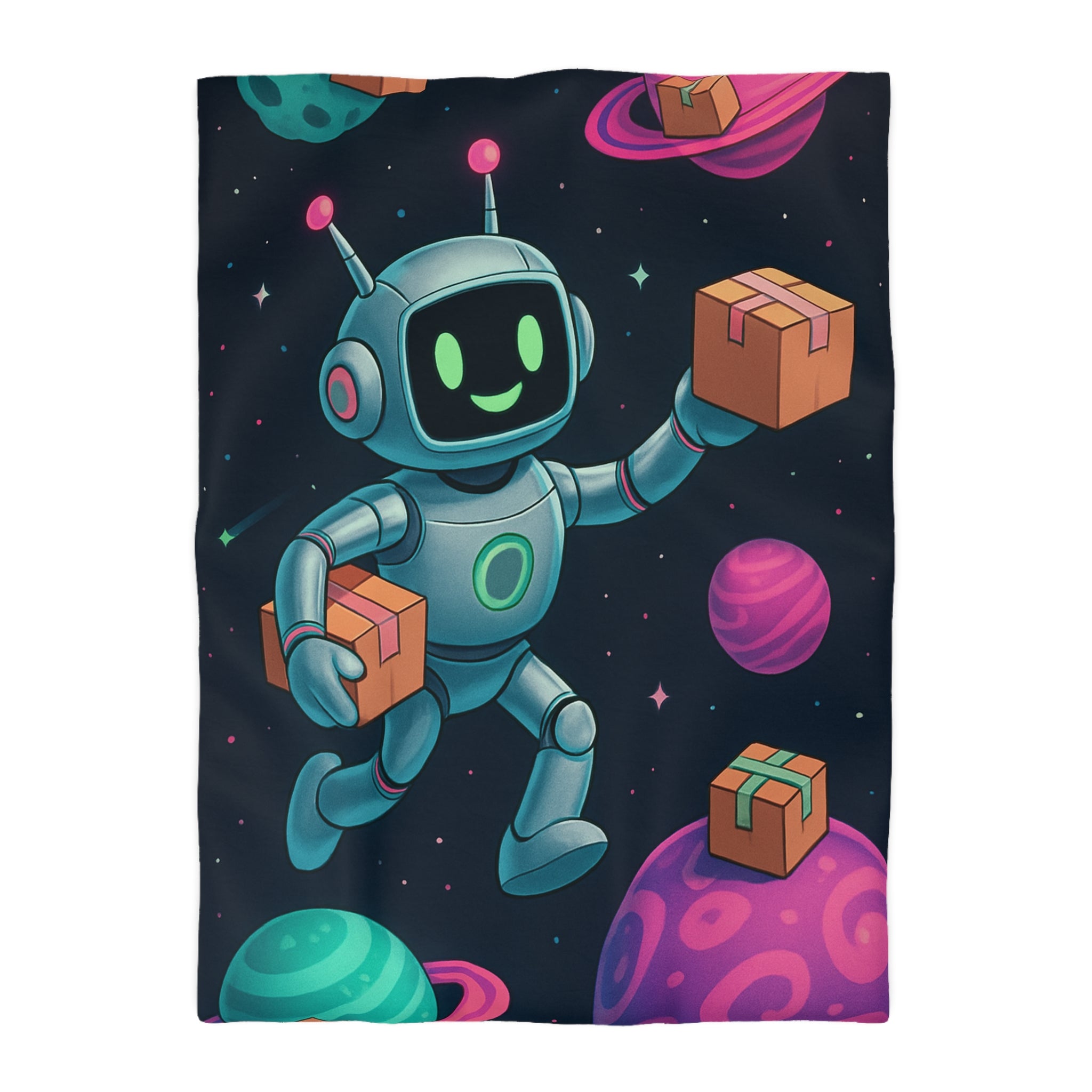 Housse de Couette Spatiale avec Robot Jovial et Planètes Colorées pour Enfants