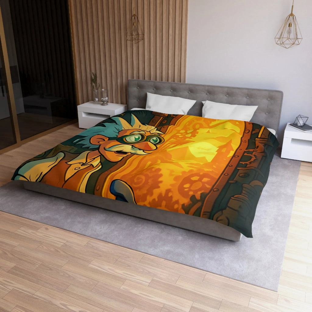 Housse de couette avec professeur inventeur et porte mystérieuse aux teintes orangées