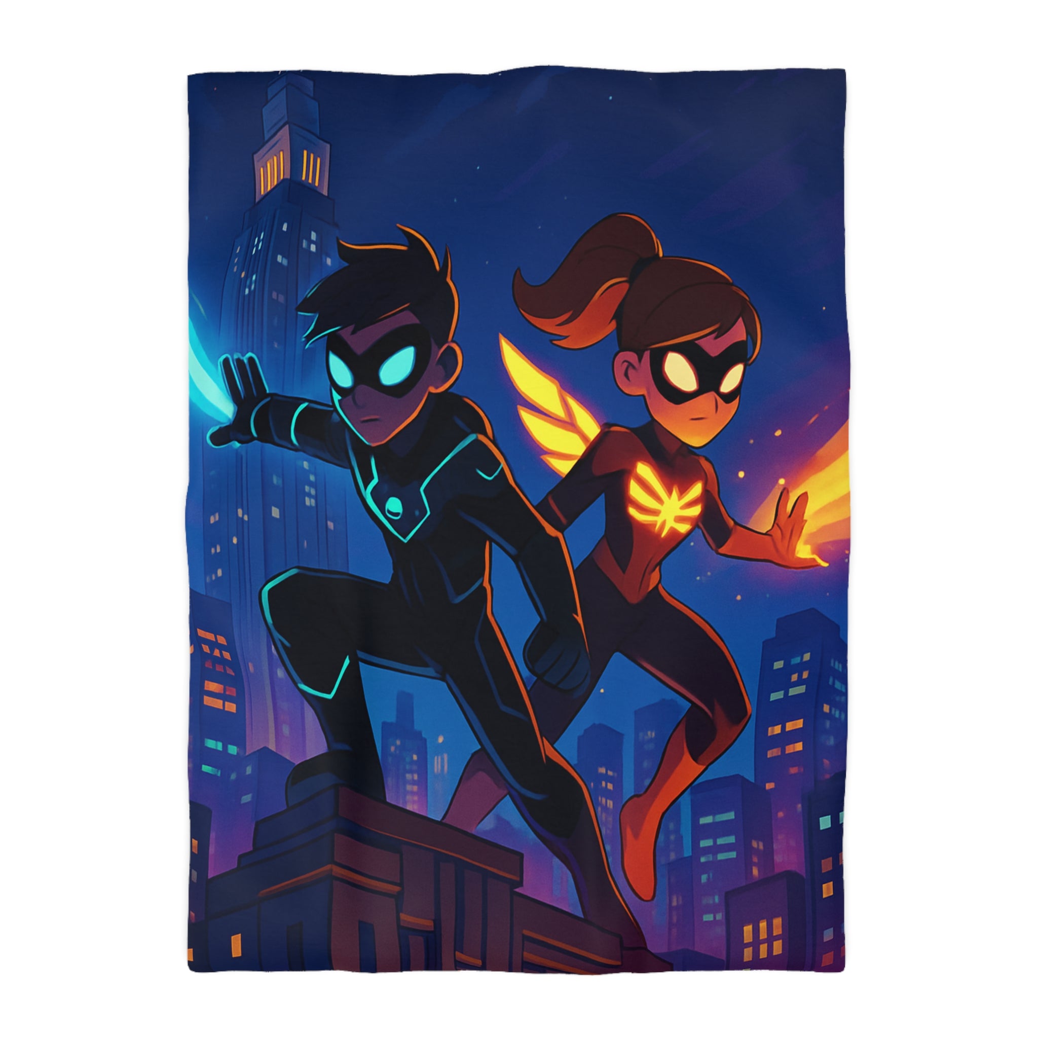 Housse de couette super-héros urbain : ambiance dynamique, couleurs vives, motifs modernes et audacieux
