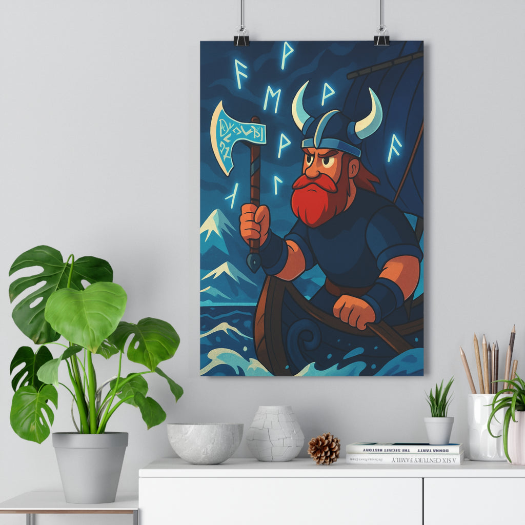 Poster décoratif épique viking guerrier aventure mythologique runes bleu salon chambre ambiance nordique qualité