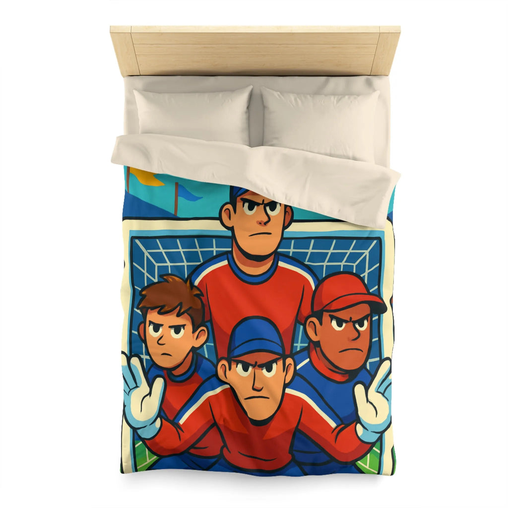 Housse de couette football dynamique avec joueurs, ballon, étoiles et trophées en illustration