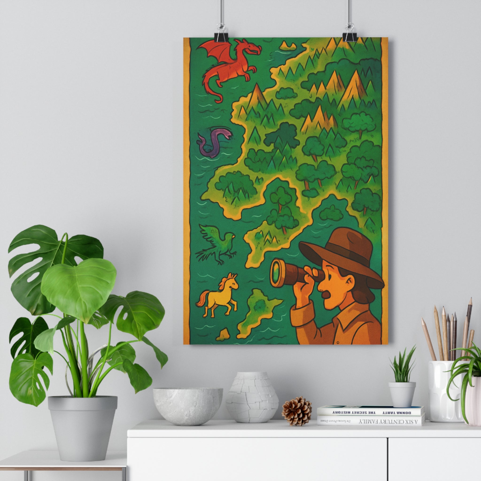 Poster décoratif aventure fantastique carte dessin animé dragon rouge île explorateur mystique chambre enfant