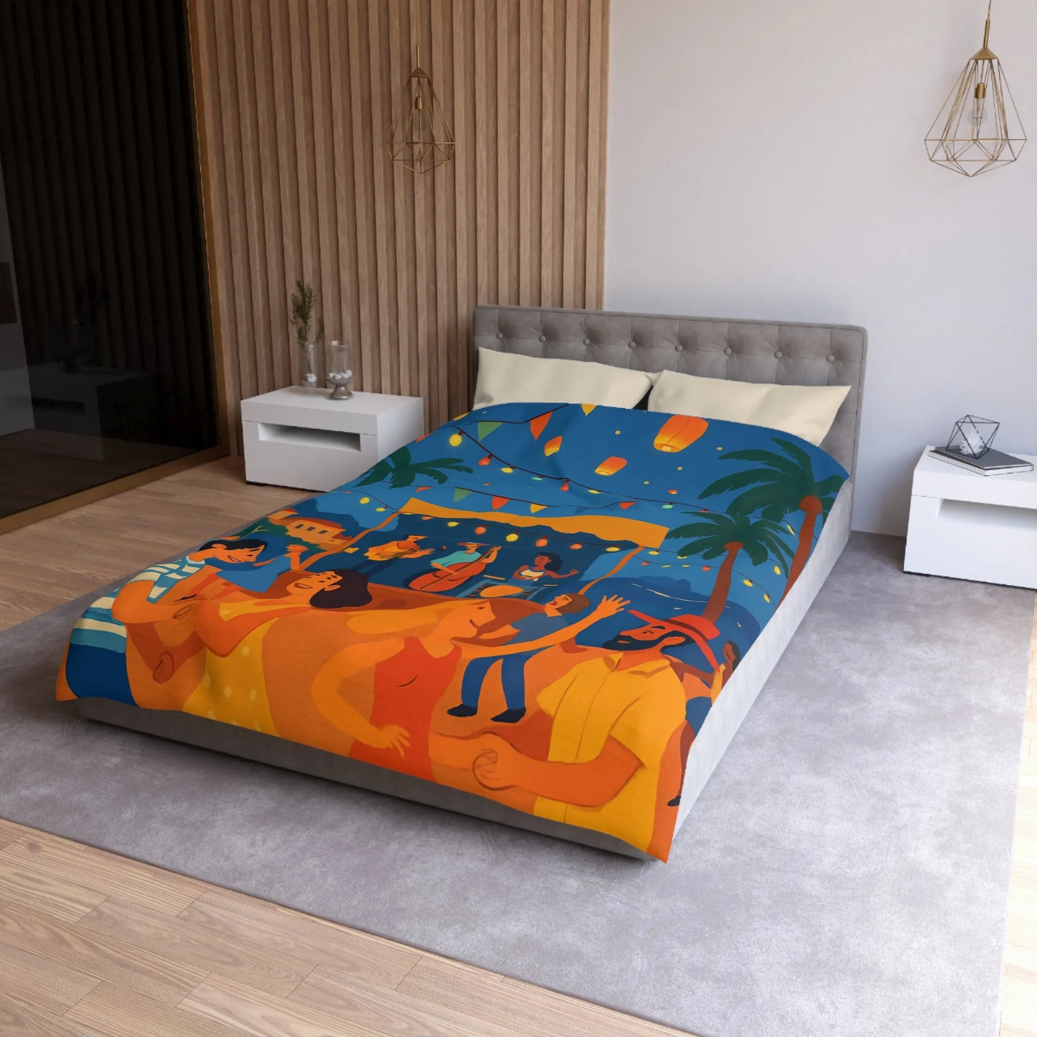 Housse de couette estivale scène festivale tropicale avec danseurs et lanternes lumineuses