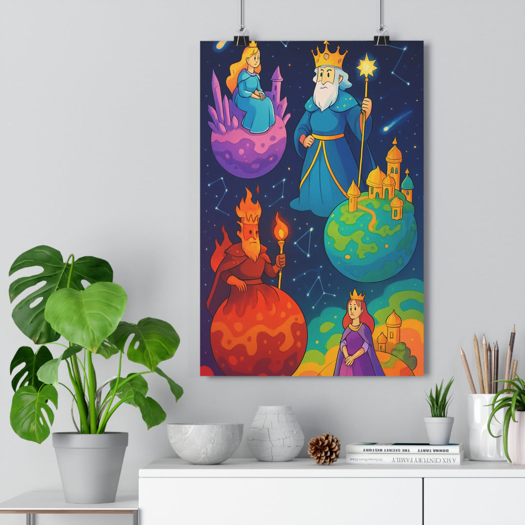 Poster décoratif dessin animé bleu rouge vert fantaisie épique magique chambre enfant ambiance royale