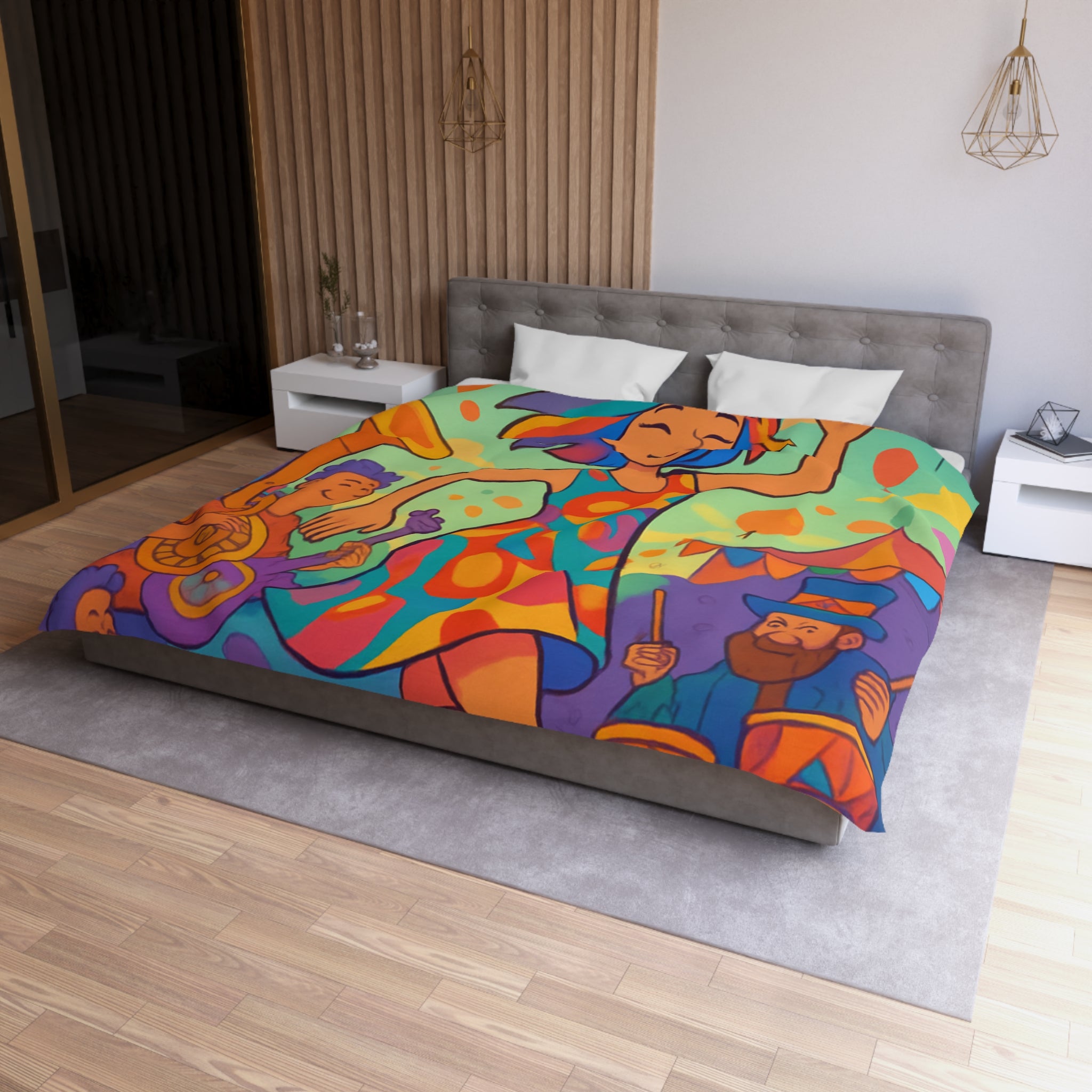 Housse de couette multicolore avec motif de fête joyeuse et personnages dansants