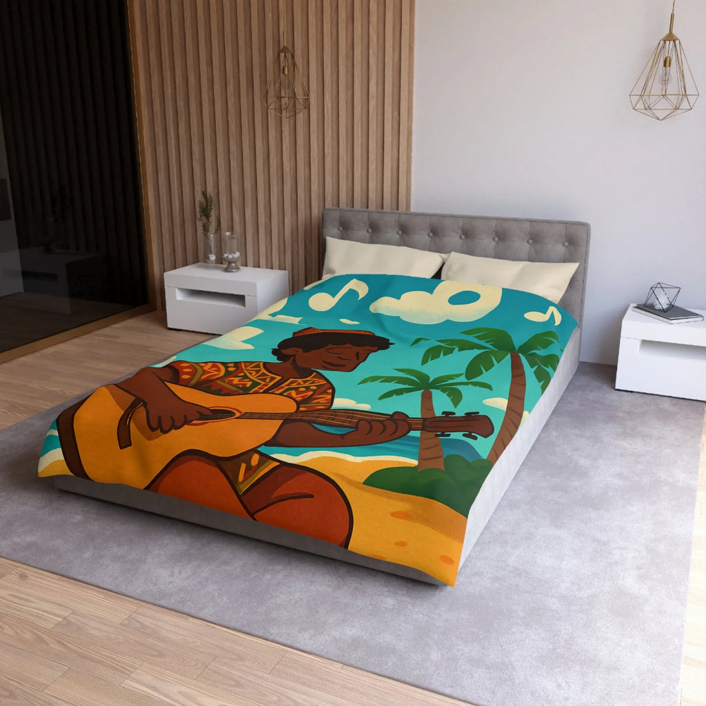 Housse de couette illustrée avec musicien joyeux sous les palmiers en bord de mer