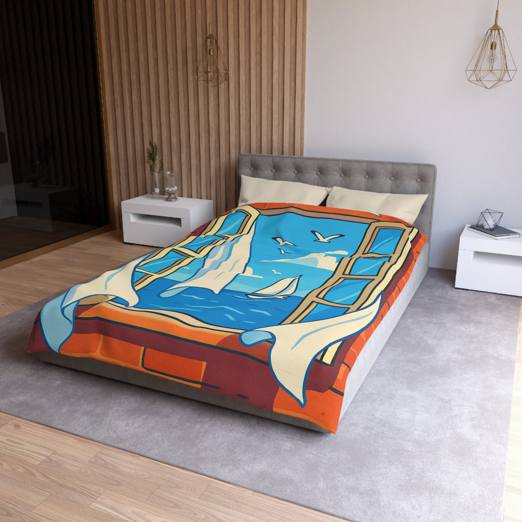 Housse de couette paysage marin fenêtre ouverte, voilier et ciel bleu serein