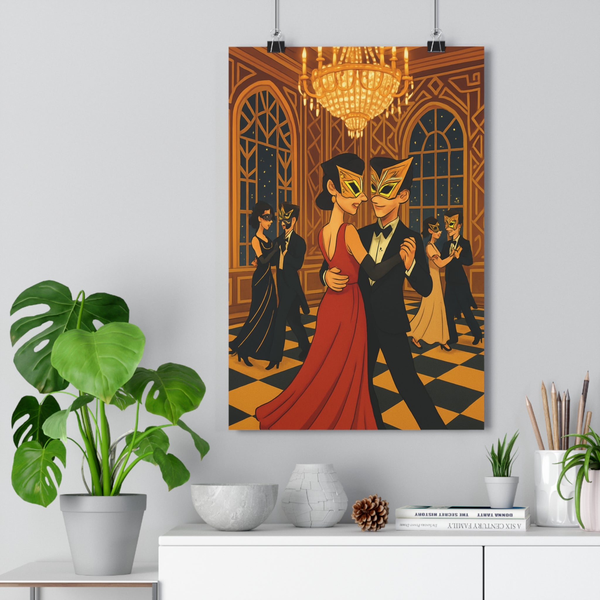 Poster décoratif bal masqué art déco rouge doré élégant mystique salon chambre format 30x46