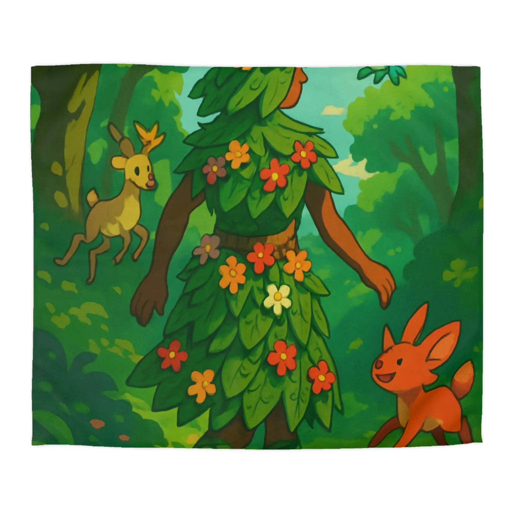 Housse de couette forêt enchantée avec créatures et personnage naturel aux couleurs vibrantes