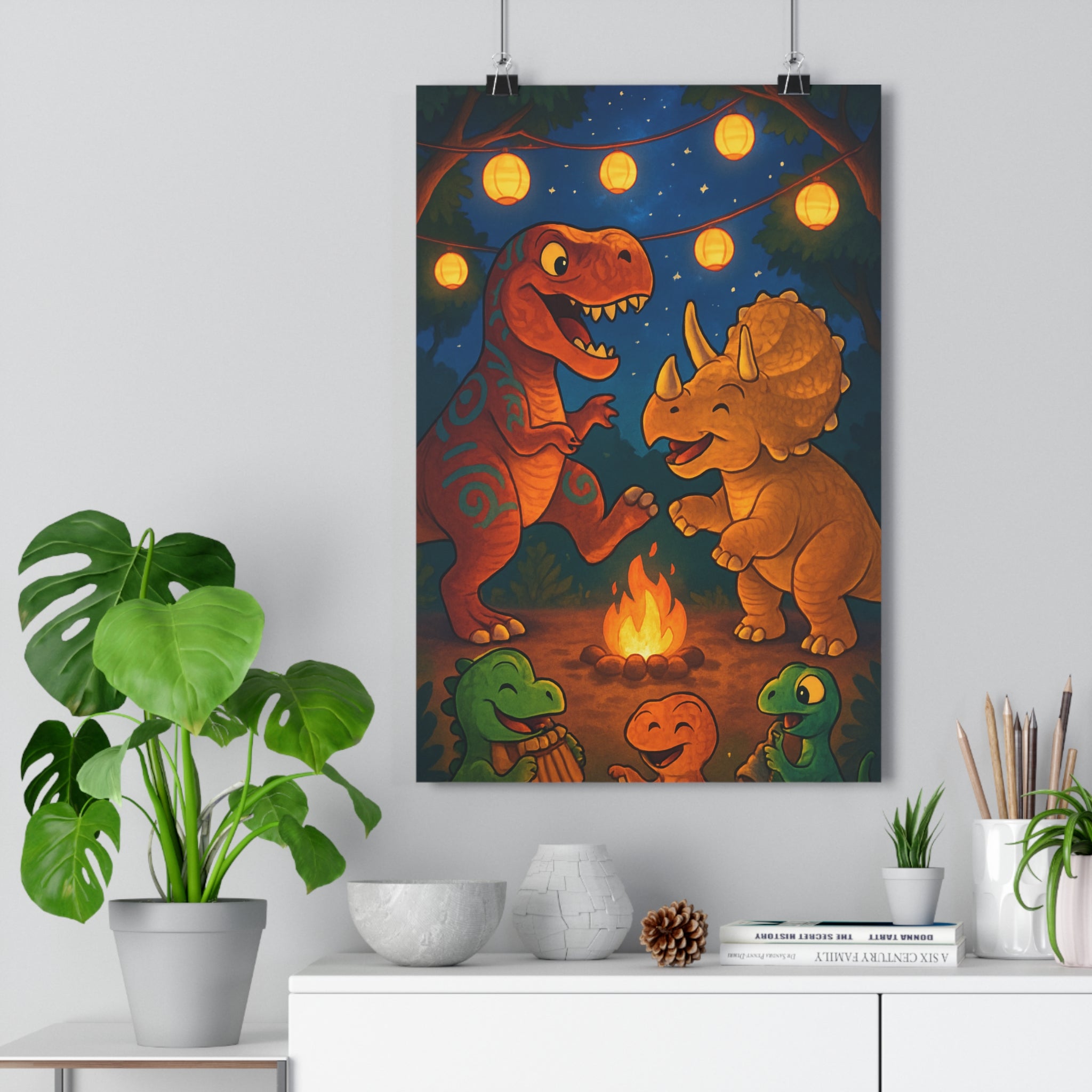 Poster décoratif cartoon enfant joyeux dinosaure musique feu lanternes chambre couleurs vives nocturne ambiance