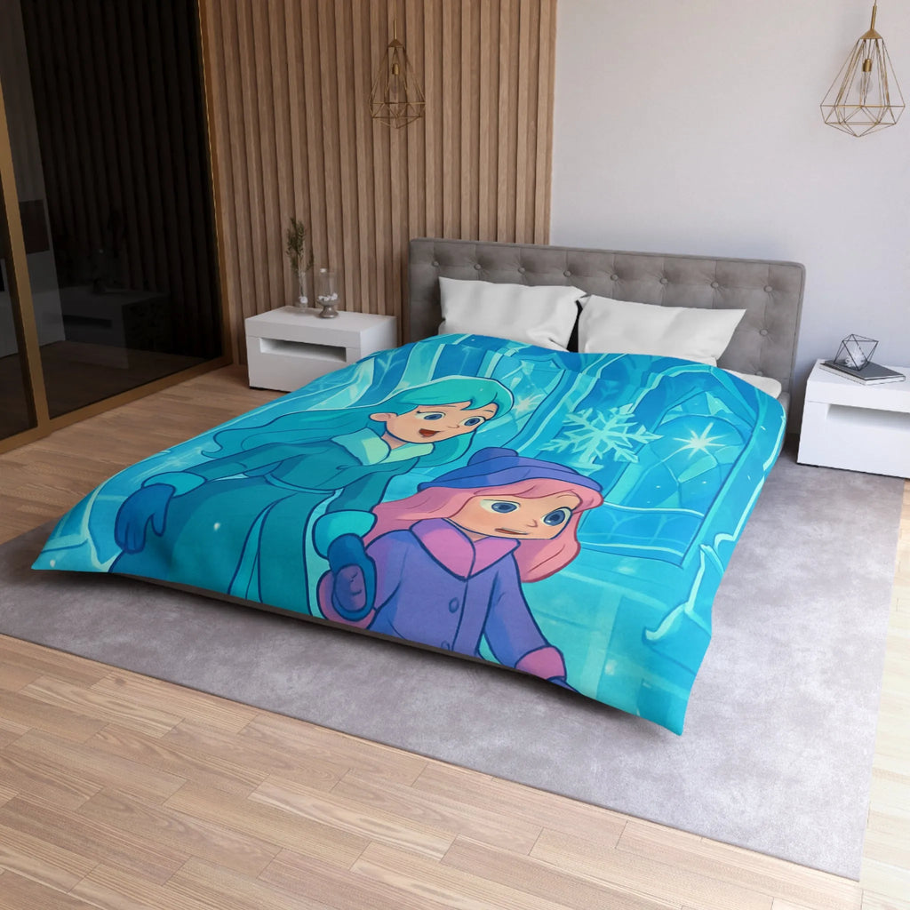 Élégante Housse Couette Glacée Enfants Magie Arctique avec Motifs Flocons et Statues