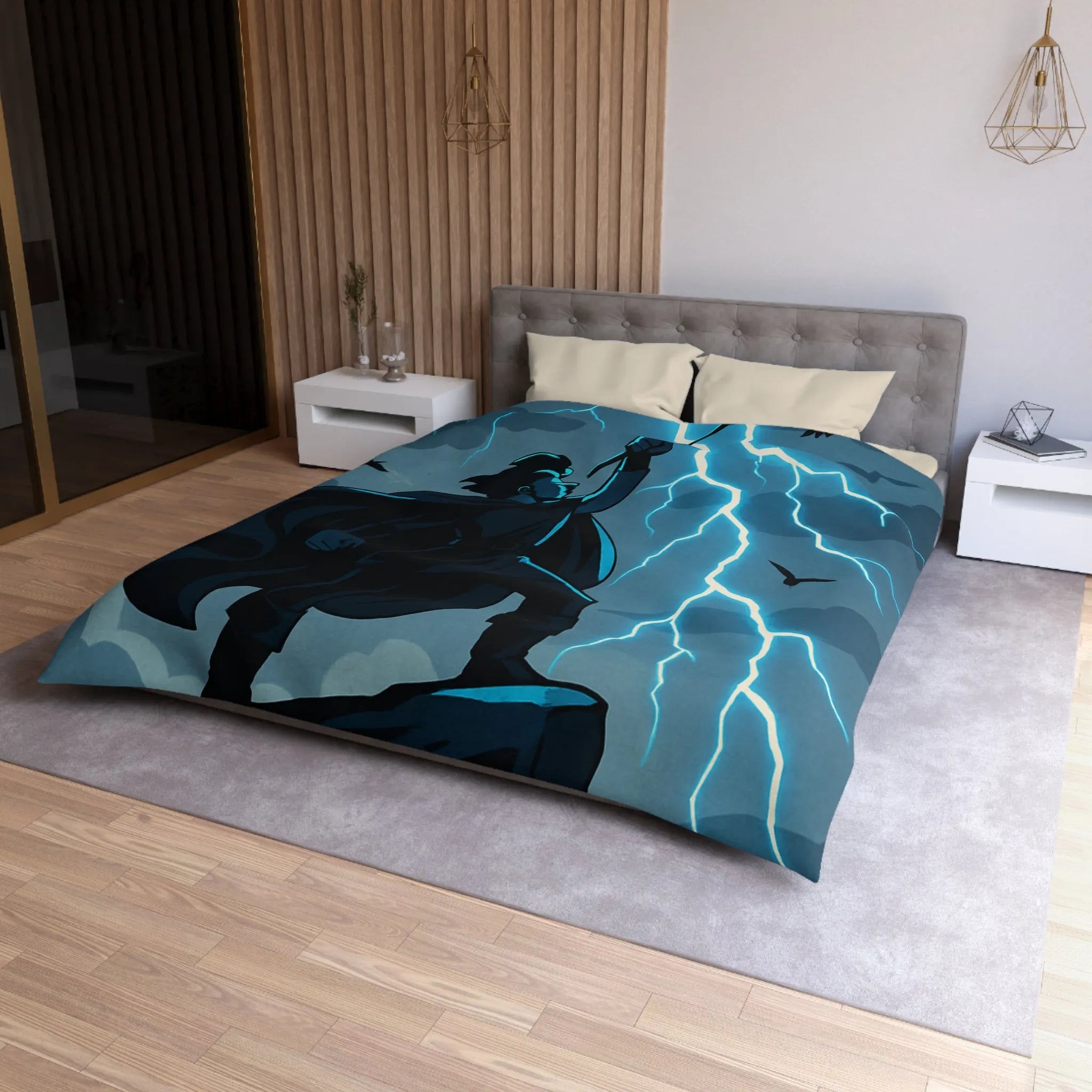 Housse de couette épique avec personnage et éclairs en style illustration fantastique