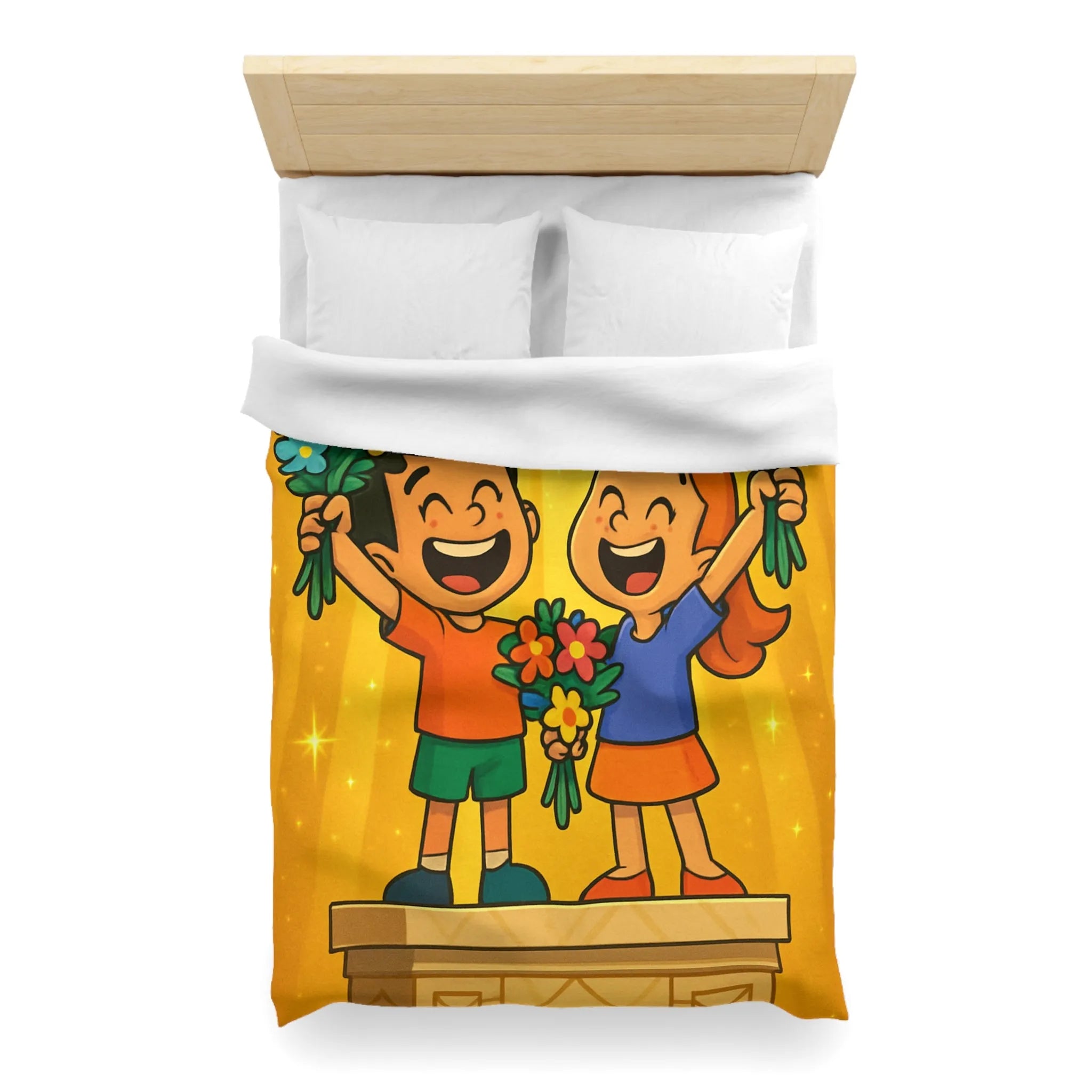 Dessin mignon d'enfants célébrant avec des bouquets de fleurs illuminés de rayons dorés