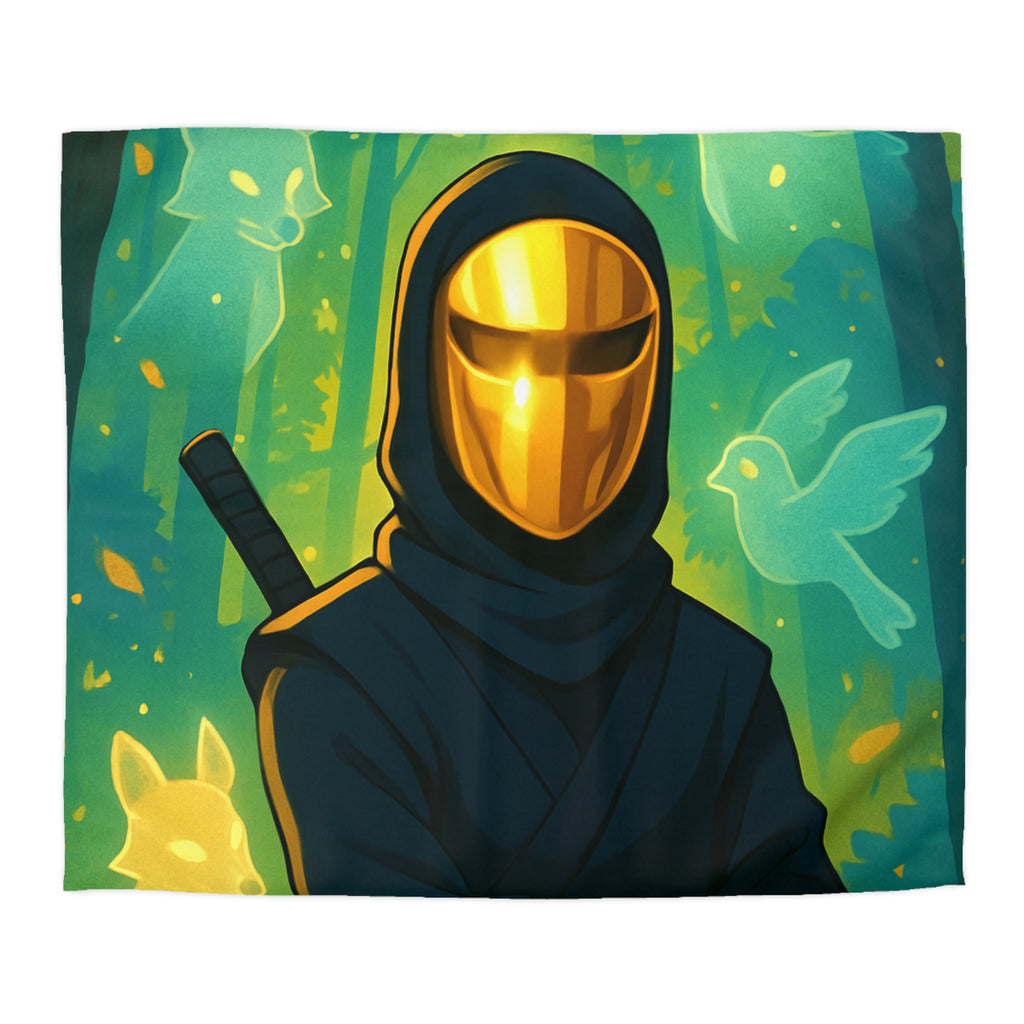 Housse de couette ninja doré avec animaux mystiques et forêts enchantées lumineuses