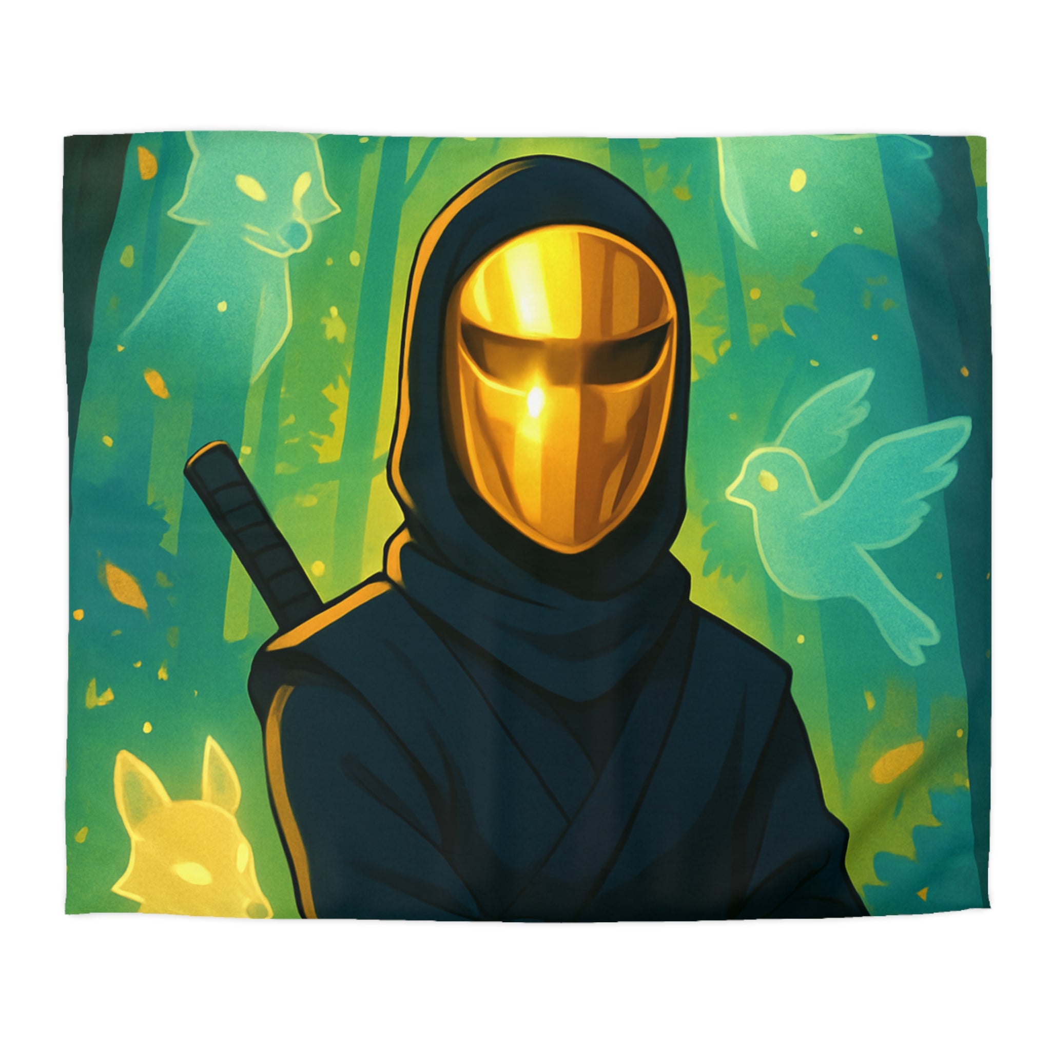 Housse de couette ninja doré avec animaux mystiques et forêts enchantées lumineuses