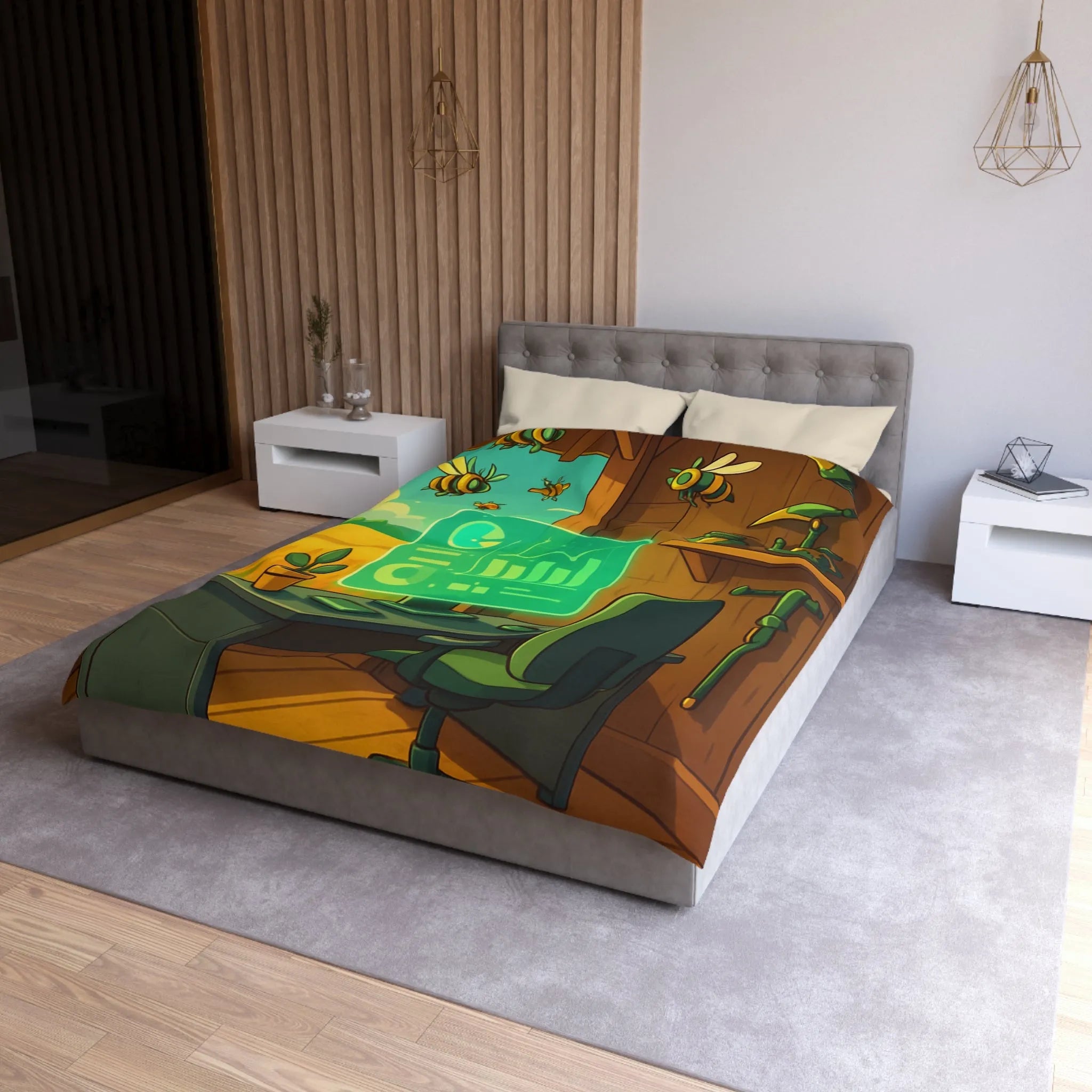 Housse de couette avec design moderne d'abeilles et station de travail futuriste