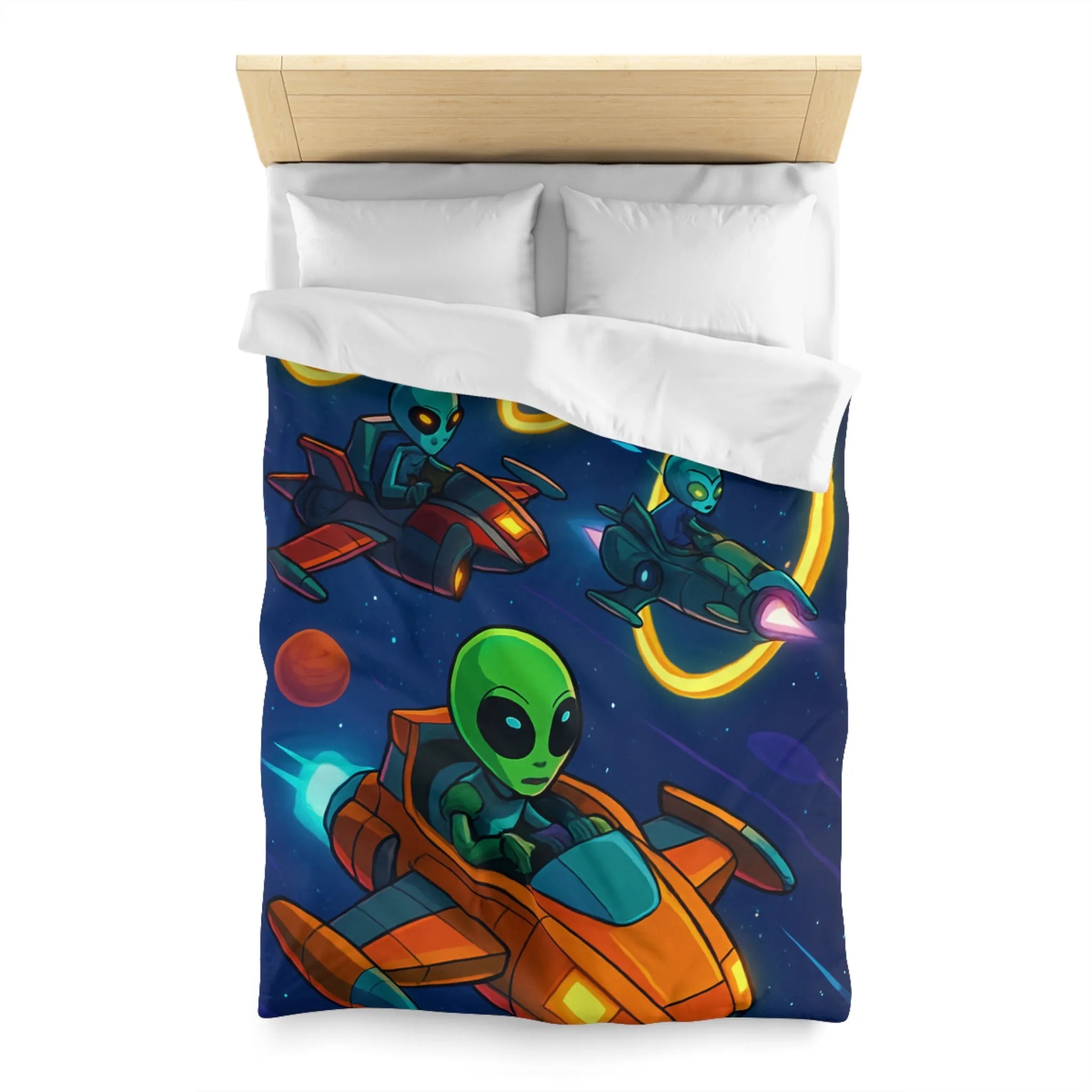 Housse de Couette avec Motifs d'Aliens en Course Spatiale et Anneaux Lumineux