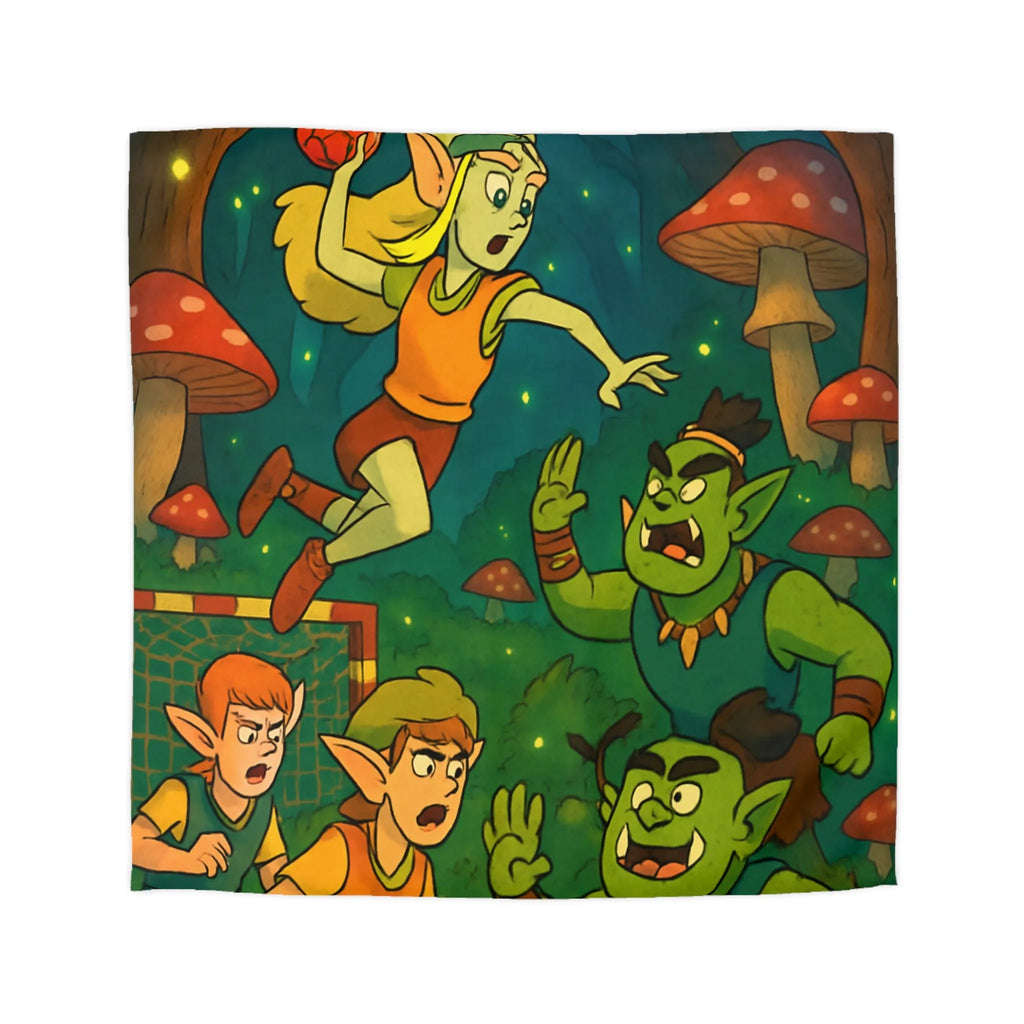 Housse de couette d’elfes joueurs de handball dans une forêt magique illuminée