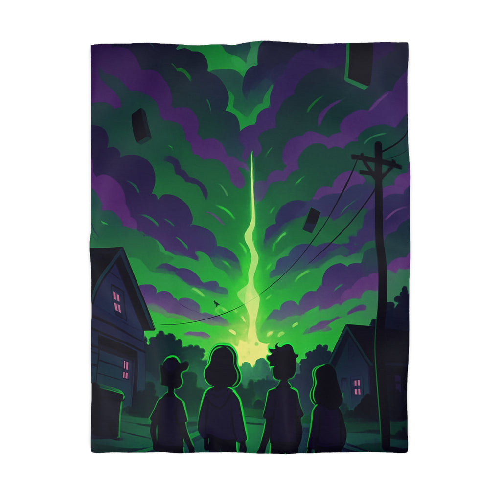 Housse de couette pour chambre avec ciel nocturne mystérieux et silhouettes d'enfants