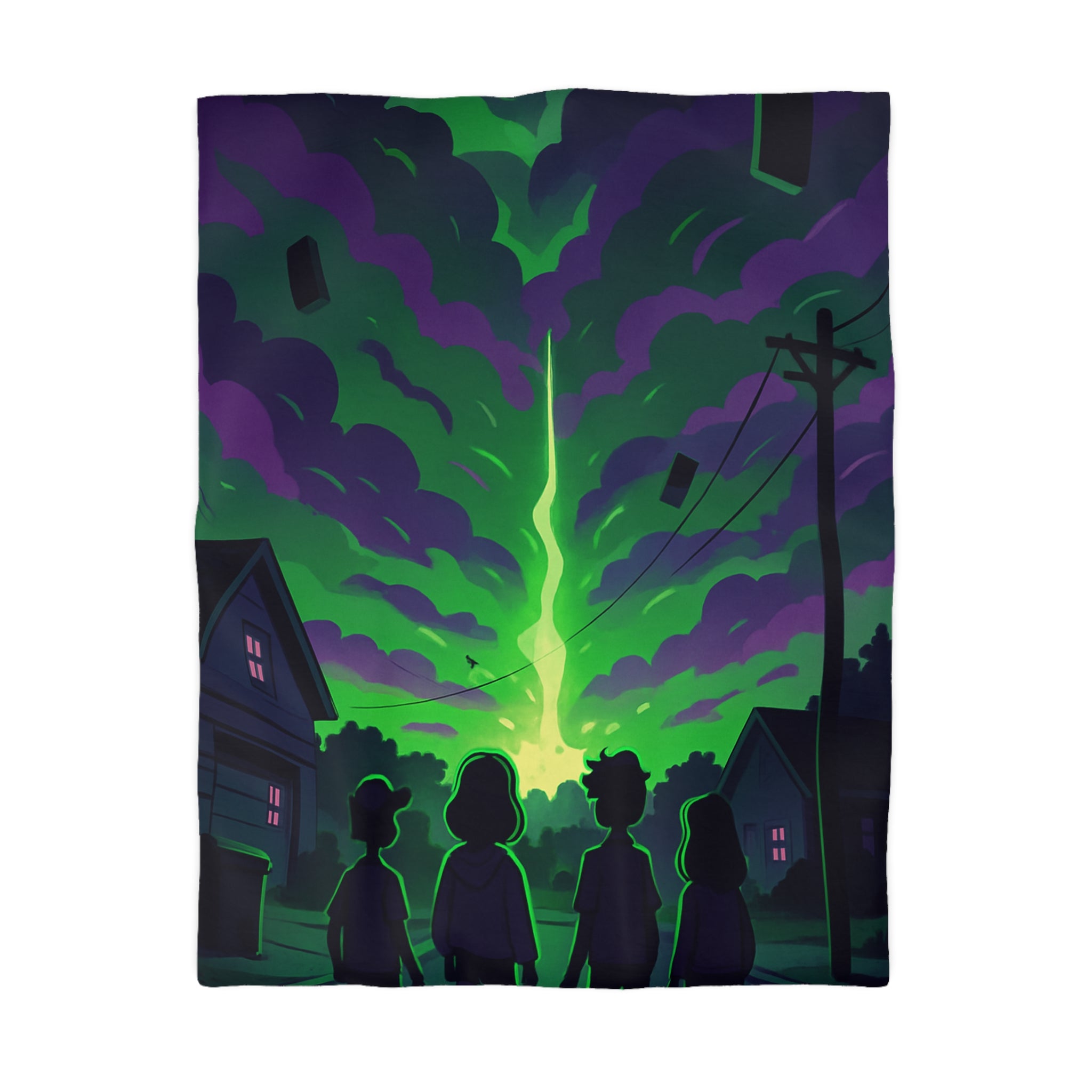 Housse de couette pour chambre avec ciel nocturne mystérieux et silhouettes d'enfants