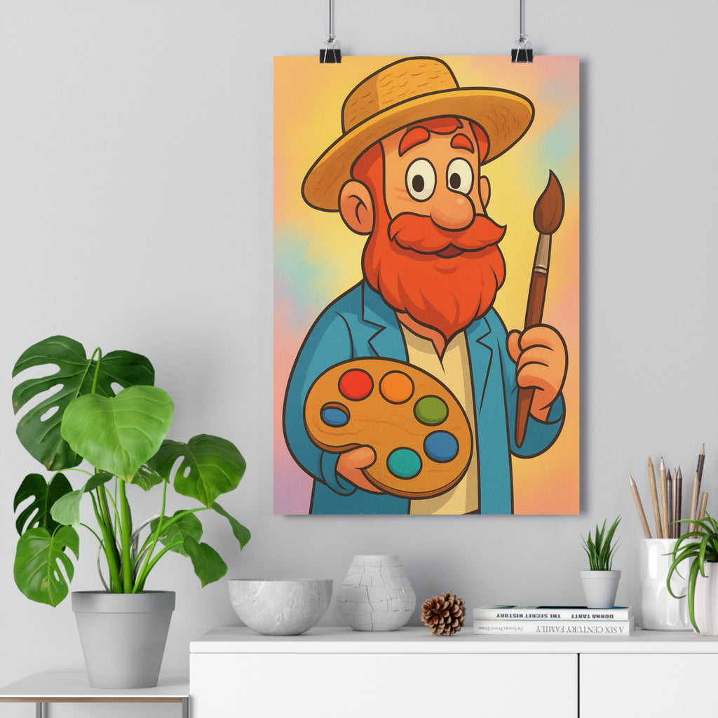Poster décoratif cartoon artiste barbe rousse chapeau paille peinture salon couleurs joyeuses enfant qualité