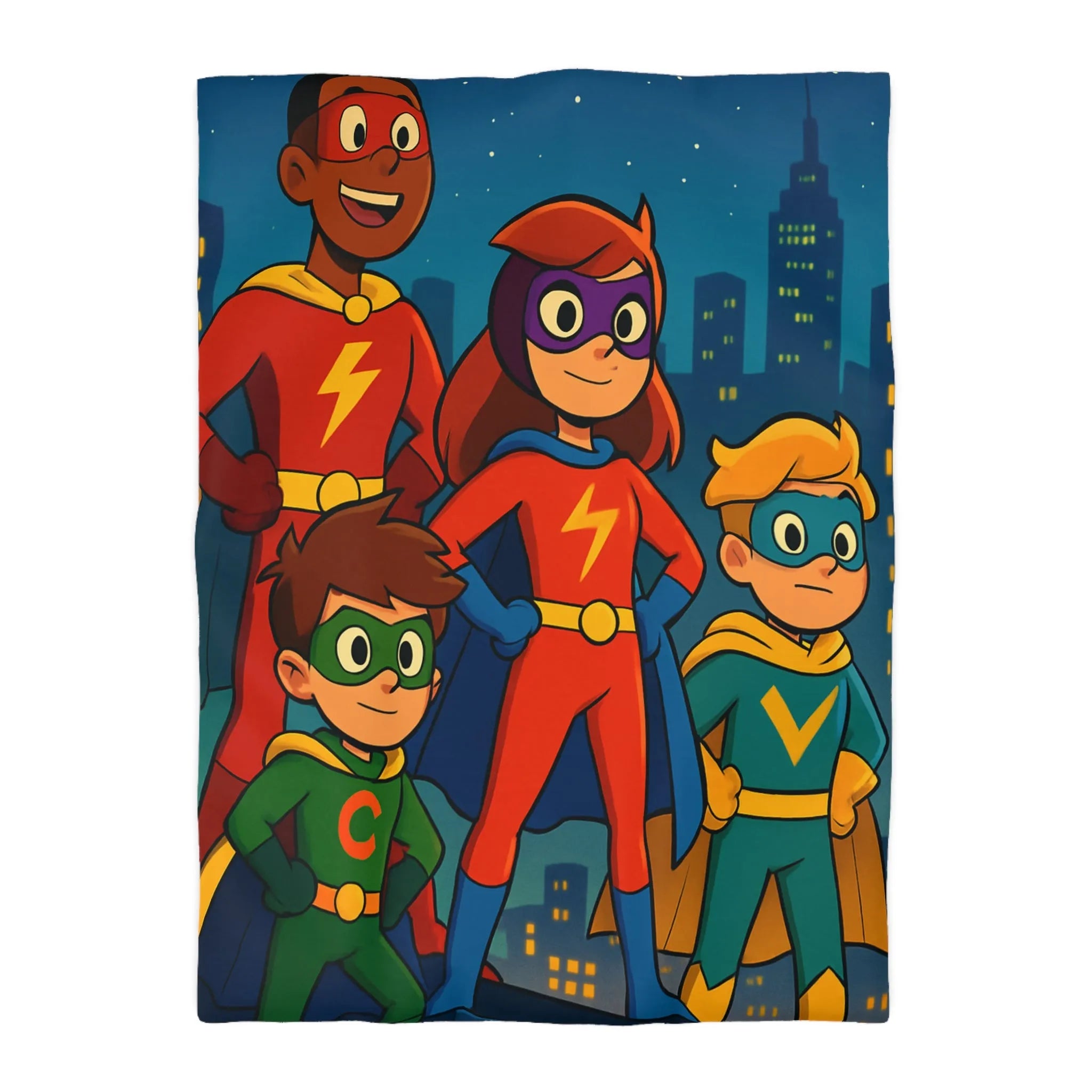Housse de couette colorée super-héros pour enfants avec scène urbaine lumineuse et joyeuse