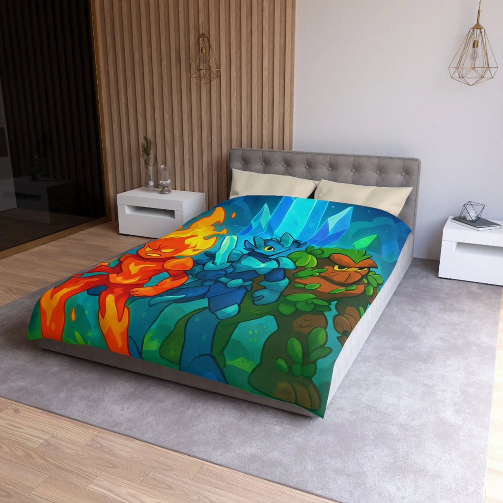 Housse de couette avec personnages élémentaires : feu, glace et terre, ambiance fantastique